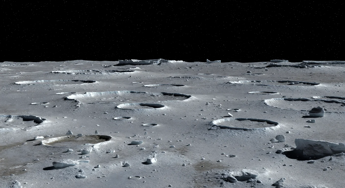 Under a perfectly black, airless sky crowded with sharp stars, an ancient plain of water ice stretches to a knife-edged horizon, its cratered surface barely revealed by distant starlight and faint light reflected through the surrounding planetary system. The ground is a muted silver gray, textured with granular frost, darker non-ice impurities, car-sized impact blocks, and overlapping crater rims whose steep walls and frozen ejecta remain crisp in the moon’s weak gravity and total lack of weather. Farther out, broad degraded basins and broken rim segments rise as hard silhouettes, their forms fading only into darkness rather than haze because no atmosphere softens or scatters the view. In this deep vacuum night, the landscape feels both silent and immense: a frozen record of billions of years of impacts, gleaming with a cold metallic sheen from a world built largely of bright water ice over a rock-rich interior.