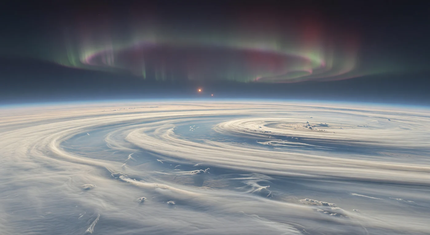 Sous vous, il n’y a ni sol ni mer, seulement d’immenses terrasses nuageuses d’ammoniac et d’eau, lisses comme une houle figée, dont les teintes ivoire, crème et bleu gris pâle épousent la courbure de la planète jusqu’à un horizon lointain. De minces brumes polaires bleutées, des filaments nuageux et de faibles dômes convectifs révèlent une atmosphère profonde et dynamique, sculptée par de puissants vents de haute latitude dans ce géant gazeux froid, où la température d’équilibre avoisine seulement 180 K. Au-dessus de cette étendue sans surface, de vastes rideaux auroraux verts, violets et cramoisis ondulent dans un ciel devenu presque noir, produits par des particules chargées guidées le long des lignes du champ magnétique vers les régions polaires. Leur lueur se reflète à peine sur les sommets glacés des brumes, tandis que la faible clarté rouge-orangé des deux étoiles très basses ou déjà couchées laisse l’ensemble baigné d’un crépuscule spectral, immense et profondément étranger.