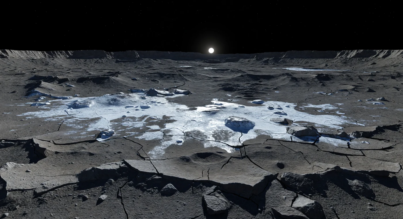 Au ras du sol fracturé du cratère, des plaques sombres de régolithe carboné et de brèches d’impact s’ouvrent sur une étendue éblouissante de croûtes blanches, où les dépôts de carbonate de sodium de Cerealia Facula dessinent des veines, des dômes craquelés et des surfaces évaporitiques d’un éclat presque douloureux. Sous un ciel parfaitement noir, privé de diffusion par une atmosphère quasi inexistante, le petit Soleil de l’aube se lève comme un disque dur et brillant, projetant des ombres d’une netteté extrême sur les rides, les fossures et les blocs soulevés du plancher. Ce contraste saisissant entre les sels clairs et le vieux terrain gris-noir révèle une histoire de saumures remontées depuis le sous-sol, puis gelées et sublimées dans le vide, laissant derrière elles une signature minérale de cryovolcanisme et de resurfaçage. À l’horizon, les terrasses lointaines de l’immense bassin rappellent l’échelle de ce désert glacé, silencieux et immobile, où chaque relief semble figé dans une clarté froide depuis des millions d’années.