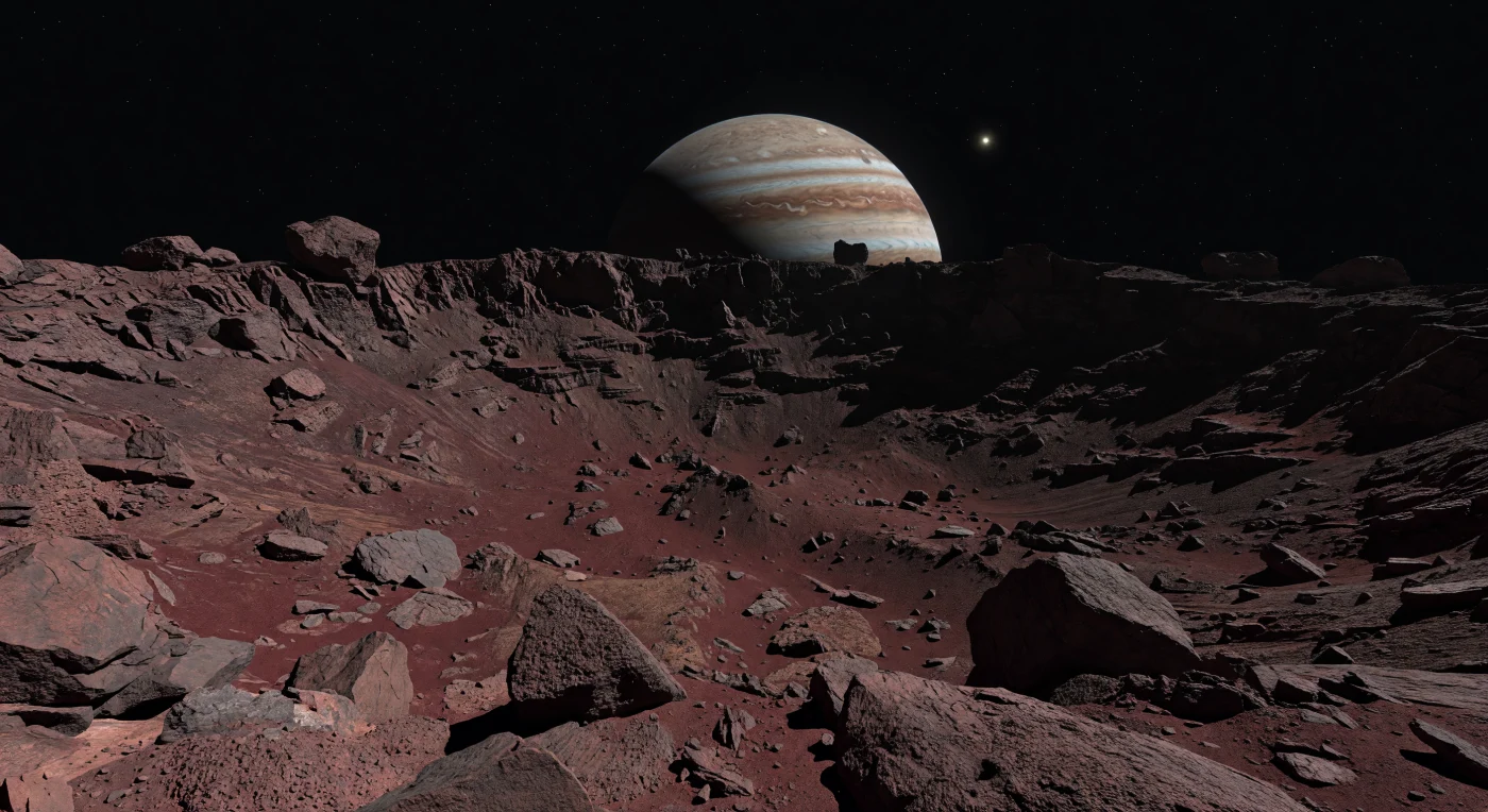 Depuis une crête déchiquetée du rebord de Pan, des blocs anguleux de brèche rouge sombre et un régolithe poudreux couleur lie-de-vin plongent brutalement vers un bassin immense au fond bosselé, semé d’éboulis affaissés, de faibles crêtes d’éjectas et de terrasses d’impact à peine visibles dans la pénombre. Ici, la gravité infime d’un monde minuscule et irrégulier permet à des pentes anormalement raides de subsister, tandis que des rochers poreux, assombris par l’irradiation, semblent tenir en équilibre précaire sur les ruptures du terrain; sous cette croûte rougeâtre pourraient se cacher des matériaux plus riches en glace, sans jamais apparaître en nappes brillantes à la surface. Au-dessus de l’horizon cabossé, la géante gazeuse emplit le ciel noir du vide sur près de quarante degrés, ses bandes crème et brunes diffusant une faible lueur qui adoucit à peine les ombres autrement noires comme l’encre. Le Soleil, réduit à un point blanc minuscule, projette une lumière froide et dure qui cisèle chaque arête, si bien qu’on a l’impression de se tenir au bord d’un abîme silencieux, suspendu entre une petite lune rouge sombre et l’énorme présence rayée qui domine l’espace.