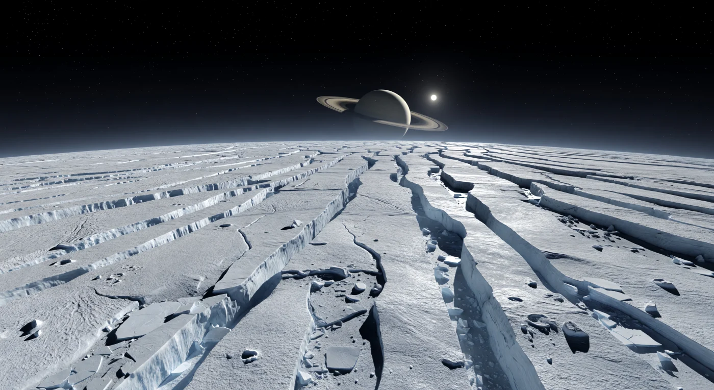 À hauteur de regard, la surface se déploie en longues crêtes et fossés parallèles, comme une cage thoracique figée dans une glace éclatante, dont les sommets blanc crayeux scintillent sous une lumière solaire minuscule mais implacable. Les parois abruptes des grabens révèlent une glace d’eau plus dense, teintée de cyan pâle à bleu dans l’ombre, tandis qu’entre les reliefs s’entassent des dalles brisées, du givre grossier et des champs de blocs anguleux, sans la moindre trace de sol sombre, d’eau liquide ni de roche altérée. Ce paysage tectonique a été sculpté par les contraintes de marée qui fissurent et déplacent la croûte glacée, et la très faible gravité permet à ces escarpements et fractures de conserver des profils étonnamment nets, exagérés encore par l’horizon tout proche de ce petit monde. Sous un ciel noir sans atmosphère, où les ombres tombent en bandes d’encre aux bords tranchants et où l’astre annelé peut dominer l’espace, on a l’impression de se tenir au cœur d’un désert de glace jeune, silencieux et extraterrestre, d’une pureté presque irréelle.
