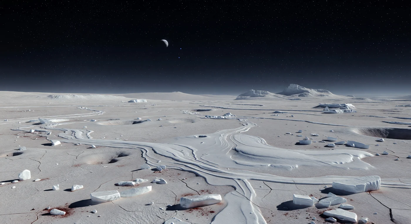 Sous un ciel d’ébène d’une pureté presque absolue, saturé d’étoiles rendues nettes par une atmosphère d’azote extrêmement ténue, s’étend une immense plaine cryovolcanique blanchâtre où l’ammoniac mêlé à la glace d’eau est figé aussi durement que la roche. À vos pieds, des blocs anguleux, des fissures polygonales de gel, de modestes rides de pression, des fronts d’écoulement lobés et de faibles dépressions d’effondrement sculptent la surface, tandis qu’une poussière sombre de tholins rougeâtres s’accumule dans les creux et souligne les fractures. Au loin, des dômes cryovolcaniques aplatis, quelques cratères anciens adoucis par des glaces volatiles, et des massifs de glace d’eau se dressent avec une netteté saisissante dans la faible gravité, pendant qu’un mince croissant gris de Charon reste suspendu immobile dans le ciel, effet de leur verrouillage gravitationnel mutuel. Il n’y a ici ni liquide ni souffle de vent perceptible, seulement un froid extrême, une faible bande de brume bleutée près de l’horizon, la lueur minimale des étoiles — et, perdue parmi elles, la Terre, simple point bleu pâle dans cette nuit démesurée de trois jours terrestres.