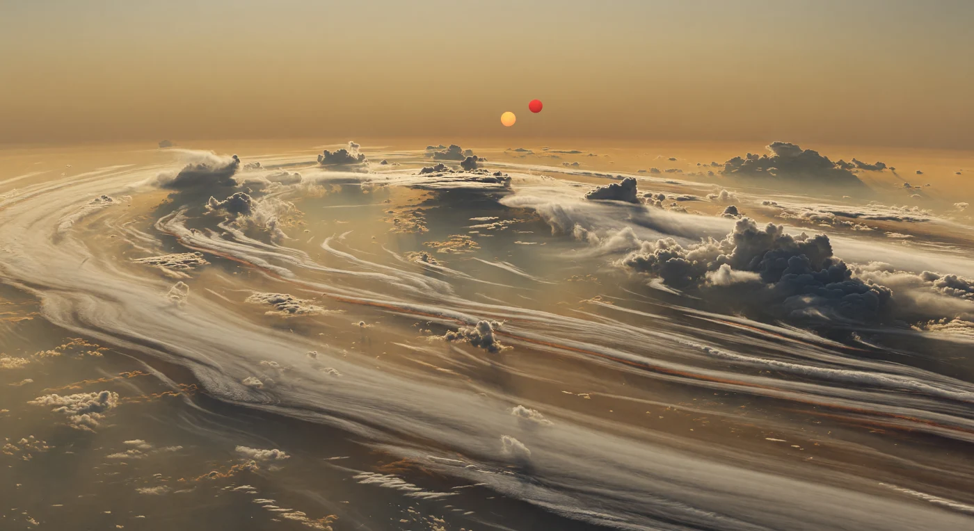 Ici, aucun sol n’attend le regard : on flotte au cœur d’un immense corridor atmosphérique équatorial, le long de la frontière entre une large bande de brume crème-beige riche en condensats d’ammoniac et de glace d’eau, et une ceinture plus fauve, ocre assourdie, lacérée de stries de cisaillement gris argent et de filaments roux étirés par des vents zonaux violents. D’énormes murailles nuageuses convectives, des terrasses de vapeur et des nappes de brume translucide s’enfoncent vers des profondeurs ambrées plus sombres, tandis que de fines particules en suspension accrochent une lumière orange faible, complétée par une lueur rouge secondaire qui dépose de subtils reflets dédoublés sur les bords peignés de la brume. Dans cette atmosphère froide d’environ 180 K, dominée par l’hydrogène et l’hélium, les couches nuageuses se structurent en bandes, cisaillements laminaires et vortex turbulents, comme dans une version titanesque des météorologies des géantes gazeuses de notre Système solaire. À l’horizon noyé de miel et d’or fumé, les deux petits disques stellaires voilés par la brume renforcent l’étrangeté du lieu, tandis que des filaments de tempête grands comme des continents disparaissent au-delà de la courbure planétaire.