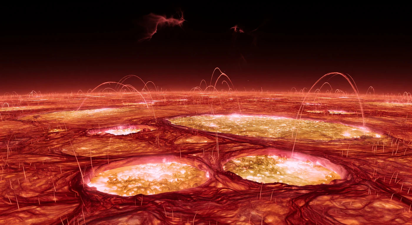 À cette frontière fragile entre la chromosphère et la région de transition, le paysage se déploie comme une mer de plasma incandescente, sans roche ni sol, seulement des filaments sombres rouge brun qui s’étirent horizontalement sur des milliers de kilomètres au-dessus de plages d’un éclat orange à blanc rosé. Par endroits, la photosphère granuleuse affleure à travers des interstices, telle une mousse cellulaire de granules jaune pâle et de couloirs plus sombres, tandis que de fines spicules se dressent à l’horizon comme des aiguilles de feu guidées par des champs magnétiques torsadés. La lumière est entièrement auto-émise: en dessous, l’hydrogène chauffé rayonne en rouges saturés et en écarlates profonds, mais vers le haut cette lueur s’amenuise rapidement jusqu’à un noir presque absolu, où n’apparaissent plus que quelques structures coronales fantomatiques. L’échelle est vertigineuse, avec des arches magnétiques et des rubans de prominences qui semblent suspendus dans le vide, rappelant que ce décor n’est pas un terrain solide, mais une atmosphère stellaire en perpétuelle métamorphose.