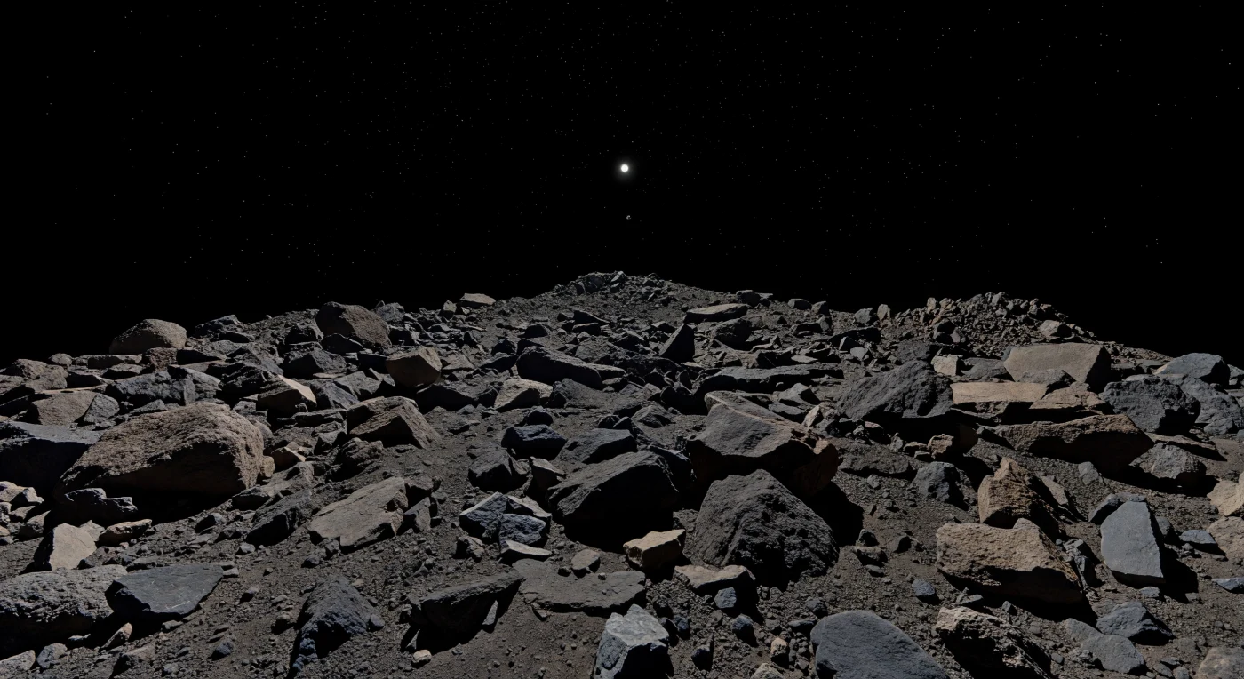 Au ras de la crête équatoriale, le sol apparaît comme un pavage chaotique de blocs anguleux noir charbon, de dalles fracturées et de régolithe grossier très sombre, si peu cohésif qu’il semble à peine retenu par la gravité. Les faces mates et poreuses de ces roches, marquées de cassures cassantes et de textures bréchiques, trahissent un matériau carboné primitif altéré par l’eau dans les premiers temps du Système solaire, aujourd’hui conservé dans un agrégat de débris extrêmement poreux. Ici, l’échelle est déroutante : la surface se courbe visiblement au bout de quelques dizaines de mètres, l’“horizon” est tout proche, et les reliefs lointains ne sont que des amas de gravats de quelques dizaines de mètres de haut, posés sous un ciel d’un noir absolu. Dans le vide total, un Soleil blanc et dur découpe des ombres nettes comme des lames, sans brume ni diffusion, donnant à chaque caillou sec, ancien et fragile l’allure d’un vestige suspendu sur une minuscule monde de gravats.