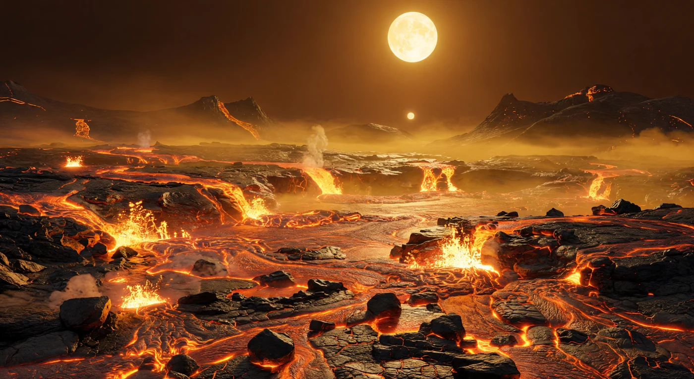 À ras du sol, le paysage ressemble à un delta en fusion : des rivières de silicates liquides, orange éclatant jusqu’au jaune blanc, dévalent entre des levées basaltiques noires et vitrifiées avant de se jeter dans un vaste bassin incandescent, où les fronts trop raides s’effondrent en blocs luisants. Sous la gravité d’environ 2,4 fois celle de la Terre, tout paraît plus tassé, plus massif, comme si les reliefs volcaniques eux-mêmes étaient écrasés par leur propre poids, tandis que des croûtes sombres craquelées laissent filtrer une lumière orangée à travers chaque fissure. Aux points d’entrée, les chocs thermiques et la turbulence soulèvent des éclaboussures blanc brûlant et une brume basse de vapeur de roche, dorée par un disque stellaire énorme presque au zénith, dont l’éclat impitoyable arrache des reflets aveuglants à chaque surface fondue. L’atmosphère ténue mais chargée de vapeurs minérales et de gaz volcaniques teinte l’horizon de bronze fumé, d’ambre et de charbon, transformant cette côte de magma en une scène d’une violence géologique extrême, fidèle à ce que l’on attend d’un monde rocheux ultra-chaud où les pierres elles-mêmes peuvent couler comme des fleuves.