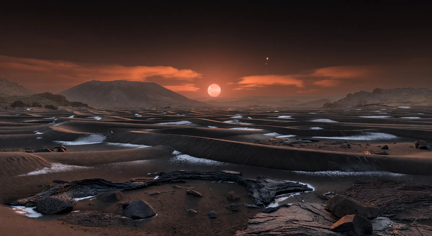 À hauteur du sol, on découvre une mer immense de dunes de sable basaltique noir, leurs longues crêtes parallèles modelées par des vents persistants qui soufflent de l’hémisphère éclairé vers l’hémisphère obscur, tandis qu’un givre argenté ne subsiste que sur les pentes plongées dans l’ombre et dans les creux abrités. La lumière rase de l’étoile rouge orangée, figée juste au-dessus de l’horizon, allonge démesurément les ombres et révèle chaque ride du sable, chaque bloc de basalte vésiculaire, chaque affleurement de lave érodée et chaque croûte fissurée où le givre se condense puis se sublime au fil de cet éternel crépuscule. Au loin, de larges reliefs volcaniques aux formes lourdes et basses se découpent dans une brume incandescente orange-rouge, tandis que le ciel passe du cuivre sombre au noir presque spatial, où percent déjà quelques étoiles. Tout évoque un monde rocheux probablement verrouillé gravitationnellement, à la frontière permanente du jour et de la nuit, où l’atmosphère, le froid et le volcanisme façonnent un paysage à la fois austère, colossal et profondément étranger.