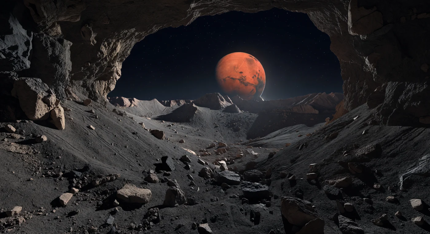 Depuis le sol d’une alcôve noyée d’ombre dans la paroi interne d’un vieux cratère, on distingue un chaos de régolithe gris très sombre, d’éboulis poudreux et de blocs anguleux fissurés, dont les textures cassantes et poreuses rappellent une roche primitive riche en carbone, remaniée par des impacts innombrables. La faible gravité permet aux pentes de paraître anormalement abruptes et aux débris de s’accrocher en talus instables, tandis que de fines rainures et fractures dans la paroi témoignent d’une surface globalement labourée, fracturée et recyclée par les collisions. Au-delà de l’ouverture de l’alcôve, la lumière directe, déjà réduite par l’éloignement du Soleil, est encore affaiblie par l’éclipse partielle provoquée par l’énorme disque rougeâtre de Mars, suspendu dans un ciel absolument noir où le vide rend chaque arête d’une netteté implacable. L’intérieur reste éclairé surtout par une lueur réfléchie, froide et faible, avec parfois une nuance rousse sur les roches exposées, donnant à ce paysage minuscule et pourtant vertigineux l’impression d’être à la fois au bord d’un gouffre et au cœur du Système solaire primitif.