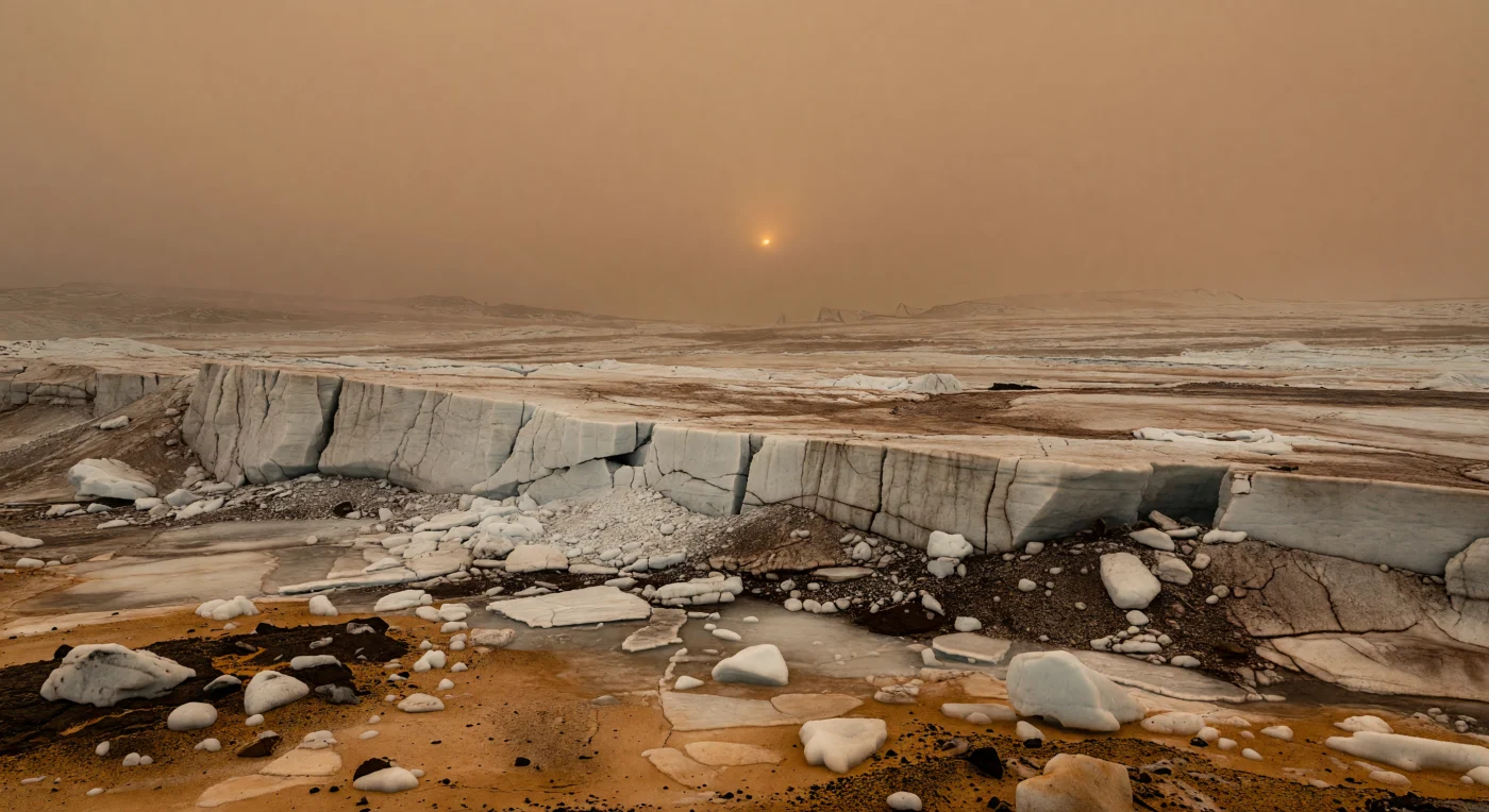 Au ras de cette plaine gelée, une longue falaise de faille tranche l’horizon comme une cicatrice récente, dévoilant une roche-mère de glace d’eau sale, blanc cassé à gris bleuté, brisée en gradins, blocs anguleux et parois nettes où la tectonique cryogénique a fracturé une croûte aussi dure que la pierre. À son pied s’amoncellent des éboulis brun noir riches en composés organiques, mêlés à des sédiments d’hydrocarbures, tandis que le premier plan montre une surface travaillée par les vents: poussière ocre, grains sombres de tholins, galets de glace arrondis, dalles cassantes et fines fissures polygonales. La lumière, réduite à une faible lueur ambrée filtrée par une atmosphère épaisse d’azote chargée de brume photochimique, adoucit presque toutes les ombres et fait disparaître peu à peu, dans la brume orange-brun, une ligne de falaise longue de nombreux kilomètres où des blocs de la taille d’une maison ponctuent le relief. On a l’impression de se tenir dans un monde silencieux et humide de froid extrême, où l’érosion est lente, les contrastes étouffés, et où la glace joue le rôle de roche sous un ciel opaque que le Soleil n’éclaire qu’à peine.