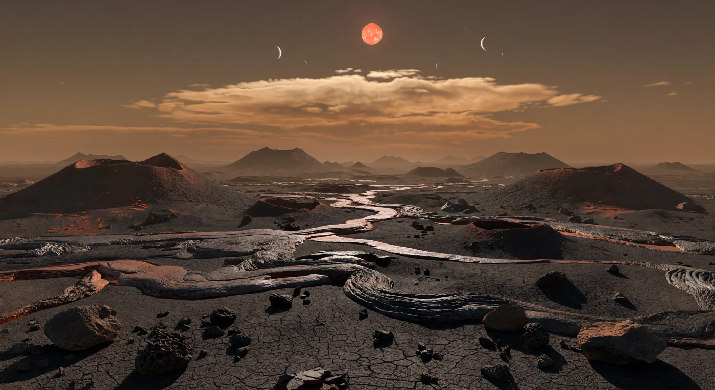 Sous un ciel d’ambre brunâtre, une immense plaine de lave basaltique noir charbon s’étend jusqu’à un horizon bas, lacérée de fissures polygonales, de coulées cordées figées et de champs de clinker rugueux, tandis que des blocs vésiculaires gros comme des voitures et de modestes cônes de scories soulignent l’échelle écrasante du paysage. Au zénith presque immobile, le disque orange-rouge de l’étoile, plus large en apparence que notre Soleil mais bien plus faible, baigne la scène d’une lumière chaude et diffuse que filtre un vaste bouclier nuageux stationnaire, adouci par une légère brume thermique et des poussières volcaniques en suspension. Le terrain sec, sans trace d’eau en surface ni de vie visible, montre des tunnels de lave effondrés, des rides de pression et des chenaux sinueux nés d’un volcanisme basaltique fluide, cohérent avec une croûte rocheuse sur un monde verrouillé gravitationnellement et doté d’une atmosphère secondaire mince à modérée. Tout semble figé dans une chaleur oppressante et silencieuse, comme si l’on se tenait sur la face éternellement éclairée d’un désert volcanique où le temps, la lumière et le ciel ne bougent presque plus.