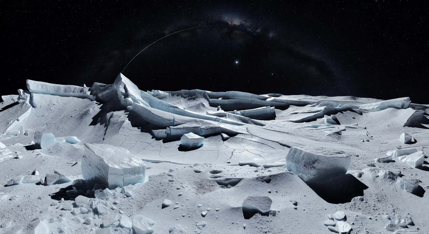 Au bord de l’une des extrémités allongées, le sol semble prêt à s’effondrer sous son propre déséquilibre: des crêtes déchiquetées de glace d’eau cristalline se dressent en lames blanches et bleu pâle, entaillées de fractures de tension, d’escarpements rompus et de blocs monolithiques dont les ombres noires tranchent la lumière crue. Autour de vous, des éboulis fragiles et des rochers perchés reposent sur des pentes trop raides pour paraître stables, révélant une gravité extrêmement faible et inégale, façonnée par la rotation fulgurante de ce petit monde allongé; même l’horizon, tout proche et fortement courbé, rappelle sa taille modeste et sa forme étrange. La surface, gelée depuis des milliards d’années à près de 40 K, est dominée par une glace d’eau presque pure, brillante comme du métal poli par endroits, tandis que de fines poussières gris-blanc et quelques petites cuvettes d’impact adoucies par un manteau de givre se nichent dans les creux. Au-dessus, dans un vide absolu sans air ni brume, le Soleil n’est qu’un point incandescent dans un ciel noir saturé d’étoiles, traversé par la Voie lactée, avec un mince arc glacé de l’anneau et les minuscules lunes lointaines suspendus au-dessus de ce paysage silencieux et vertigineux.