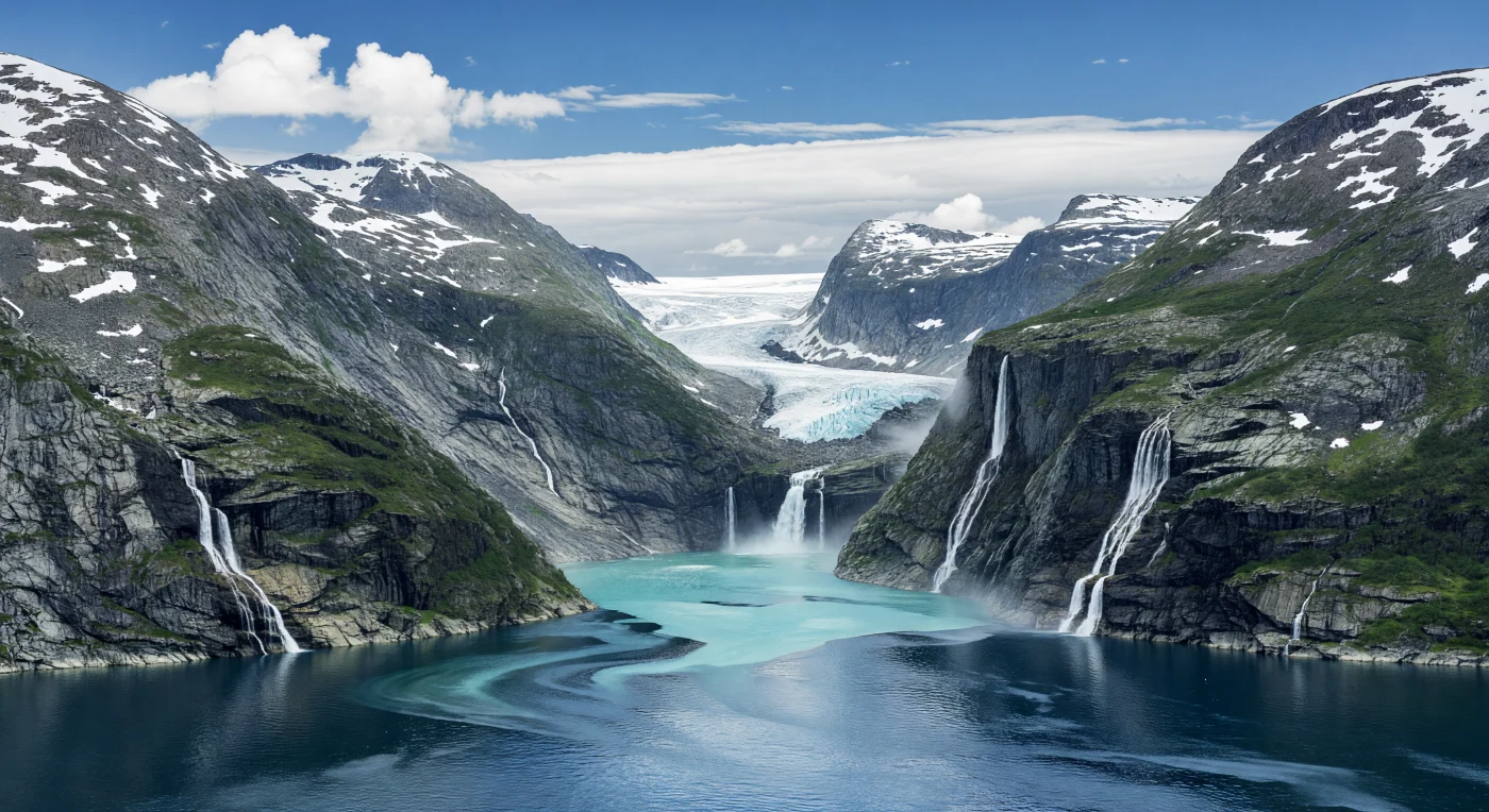 Depuis la rive, on voit un fjord profond taillé en auge glaciaire, où des parois presque verticales s’élèvent sur plus d’un kilomètre au-dessus d’une eau sombre brusquement traversée par une traînée turquoise et bleu laiteux. Cette couleur spectaculaire provient de la farine glaciaire, une poudre de roche extrêmement fine produite par l’abrasion du glacier, maintenue en suspension dans l’eau douce de fonte qui se déverse au fond du fjord avant de se mêler lentement à l’eau marine plus dense. Au loin, le glacier blanc éclatant, crevassé et hérissé de séracs bleutés, descend entre des montagnes polies et striées par l’érosion des grandes glaciations, tandis que des cascades tombent de vallées suspendues en panaches de brume contre des couches de roches sombres et claires nettement visibles. Sous une lumière oblique qui embrase les hauteurs enneigées mais laisse les renfoncements dans l’ombre, l’ensemble donne l’impression de se tenir au bord d’un paysage vivant, immense, où la glace, l’eau et la roche continuent de façonner le relief presque sous vos yeux.