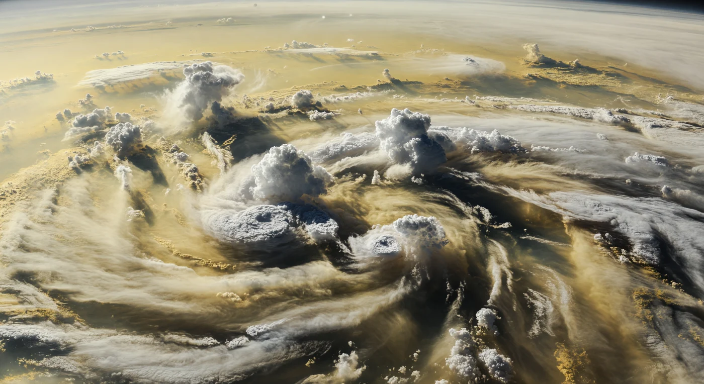 Devant vous, il n’y a aucun sol, seulement un océan de nuages déchaînés où une éruption convective géante perce la couche visible de glace d’ammoniac en panaches blanc éclatant, puis se dissout en turbulence crème, beige et ocre qui s’étire sur tout un courant atmosphérique. Les sommets des tours nuageuses, hauts de centaines de kilomètres, sont cisaillés par des vents zonaux extrêmes en filaments, enclumes et traînées, tandis que des matériaux plus profonds — probablement liés aux nuages d’hydrosulfure d’ammonium — remontent dans le sillage brun-gris et bronze de la tempête. Une brume photochimique adoucit les contrastes et diffuse la faible lumière d’un Soleil lointain, réduisant les ombres à des crevasses bleu-gris noyées dans une lueur froide, comme si l’on flottait au bord d’un front météorologique plus vaste qu’un continent. À cette altitude, dans une atmosphère proche de −178 °C et sans surface solide nulle part, l’échelle devient vertigineuse: des fronts nuageux s’évanouissent au-delà de l’horizon, et chaque ride minuscule à leur surface appartient pourtant à une tempête d’ampleur planétaire.