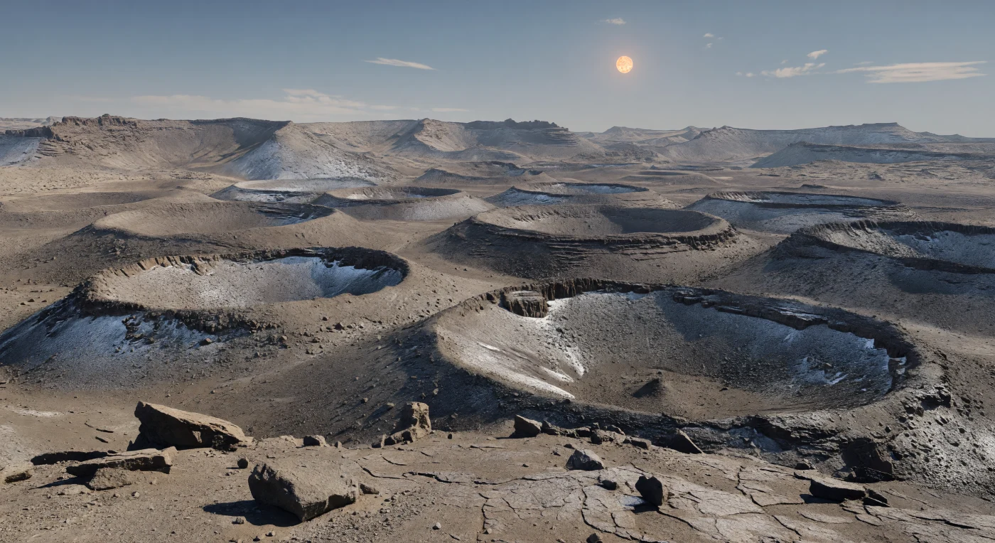 Devant vous s’étendent de très anciens hauts plateaux silicatés brun-gris, entaillés par une multitude de cratères d’impact en terrasses dont les parois, les éboulis et les pics centraux sombres restent étonnamment nets dans un air d’une limpidité exceptionnelle. Au premier plan, un socle de basaltes et de roches métamorphiques fracturés perce une mince couche de régolithe arrachée par le vent, où s’accumulent cailloux anguleux, poussière piégée dans les rainures et faibles motifs polygonaux liés au soulèvement du givre; dans les creux durablement à l’ombre, de minces dépôts de gel pâle s’accrochent encore aux corniches, signe d’un froid persistant mais sans eau liquide visible. La gravité un peu plus forte que sur Terre semble accentuer le poids du relief, et les immenses remparts lointains, à peine estompés par l’atmosphère, donnent la mesure vertigineuse de ces bassins anciens. Au-dessus, dans un ciel bleu doux à peine grisé vers l’horizon, une petite étoile ambrée diffuse une lumière chaude et oblique qui souligne chaque arête de roche, baignant ce paysage austère d’une clarté étrangère et saisissante.