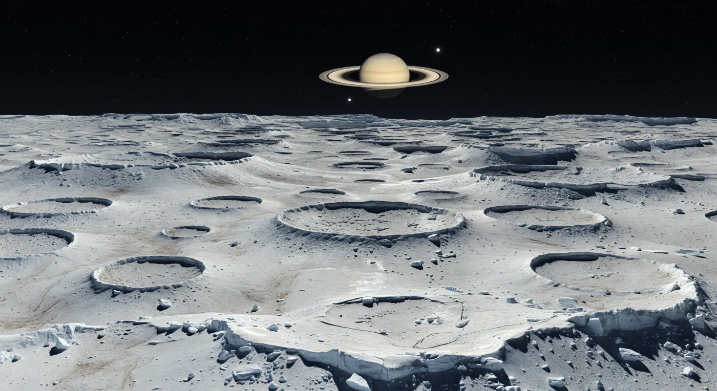 Devant vous s’étend un désert glacé de hauts plateaux anciens, où des cratères d’impact innombrables se chevauchent jusqu’à l’horizon, adoucis par le temps mais encore nettement sculptés dans une croûte de glace d’eau ivoire et gris cendre. Le sol proche paraît cassant et cryogénique, encombré de blocs anguleux, d’éjectas bréchifiés et d’une poussière de givre sombrement souillée par de faibles traces brun-gris de matériaux non glacés, tandis que la faible gravité conserve aux parois et aux éboulis une netteté inhabituelle sur des dizaines de kilomètres. Sous un ciel parfaitement noir, sans air pour diffuser la lumière, un minuscule Soleil blanc projette un éclairement faible mais tranchant, creusant des ombres d’encre dans les cuvettes et arrachant par endroits des éclats vifs aux facettes de glace propre. Au-dessus de ce paysage figé depuis des âges géologiques, l’énorme disque annelé crème et or suspendu dans le vide donne à la scène une grandeur irréelle, comme si l’on se tenait sur les ruines gelées d’un monde ancien encore porteur, en profondeur, d’une histoire interne plus complexe qu’il n’y paraît.