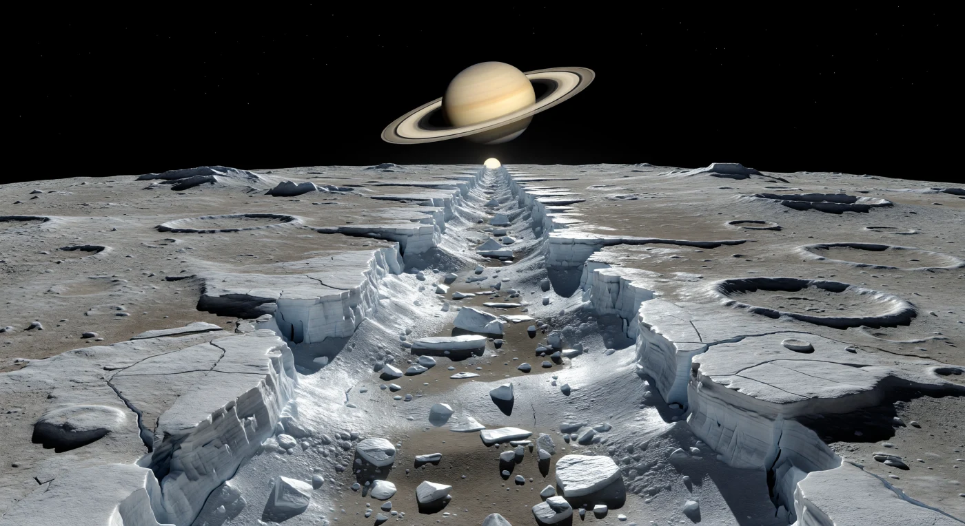 Devant vous, un long graben rectiligne entaille la plaine de glace comme une coupure géométrique, ses escarpements de faille abrupts et segmentés brillant d’un blanc bleuté sous une lumière solaire très rasante. Au fond du fossé tectonique, plus bas que le terrain voisin, s’accumulent blocs anguleux, éboulis gelés, régolithe sombre et petits cratères secondaires, tandis que des fractures croisées, des banquettes de faille et des rebords effondrés trahissent la rupture cassante d’une lithosphère dominée par la glace d’eau. La faible gravité permet à ces reliefs de rester étonnamment nets et escarpés, et l’horizon proche, déjà courbé, rappelle la petitesse de ce monde sans air, plongé sous un ciel noir absolu où les ombres sont d’une dureté parfaite. Au-dessus de ce paysage silencieux, Saturne suspend son disque pâle et ses anneaux inclinés dans l’obscurité, donnant à cette vallée glacée l’ampleur saisissante d’une cicatrice tectonique figée aux confins du Système solaire.