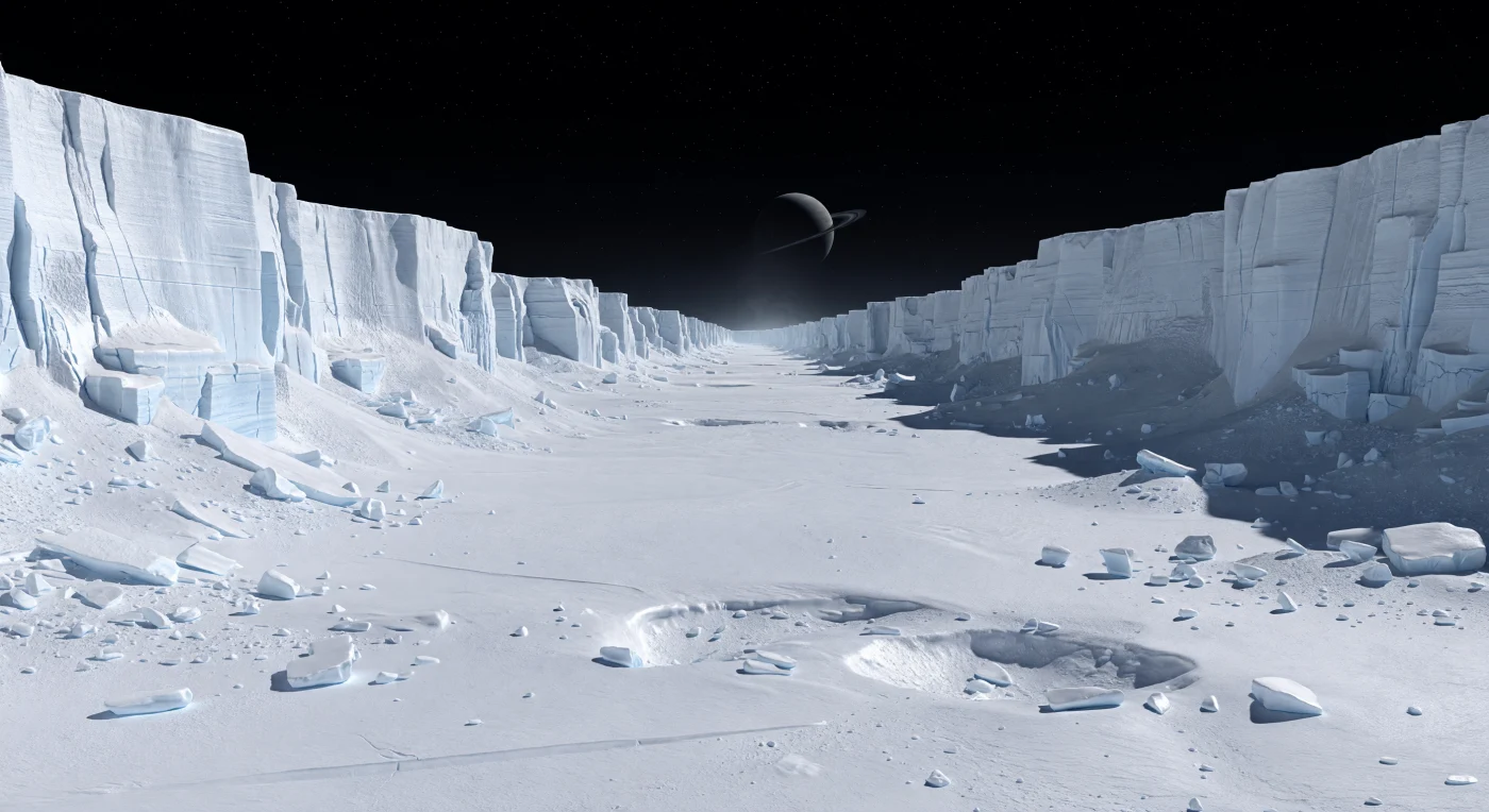 Au fond de cet immense fossé tectonique, on se tient dans un corridor d’un blanc éclatant, lisse et silencieux, où le régolithe de glace d’eau compactée et le givre fin s’étirent jusqu’à un horizon tout proche, fortement courbé par la petite taille de l’astre. De chaque côté s’élèvent des parois abruptes de glace brillante, revêtues de givre neuf, dont la lumière rasante révèle avec une netteté implacable strates tectoniques, gradins de faille, crevasses étroites, blocs brisés et éboulis pâles accumulés au pied des falaises. Dans le vide presque absolu, sans vent ni eau liquide, rien n’adoucit ces formes : les ombres sont tranchantes, les reflets sur la glace propre presque métalliques, et la très faible gravité permet à ce relief fracturé de paraître à la fois colossal et étrangement léger. Sous le ciel noir où brillent déjà quelques étoiles, Saturne peut suspendre ses bandes diffuses et ses anneaux minces au-dessus du paysage, rappelant que ce décor figé n’est pas mort, mais sculpté par les contraintes de marée qui fissurent la croûte glacée et alimentent en profondeur un océan salé caché.