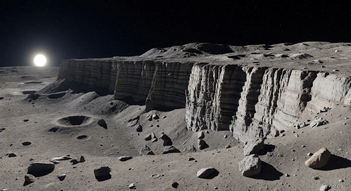 Devant vous, une plaine de régolithe gris brun, finement pulvérulent et criblée de petits cratères, s’étire jusqu’au pied d’un escarpement colossal qui se dresse presque à la verticale sur près de deux kilomètres. La paroi de faille révèle des strates horizontales nettes et des fractures en colonnes, témoins d’une croûte rocheuse brisée lorsque l’intérieur de l’astre s’est lentement refroidi et contracté, comprimant la surface jusqu’à la soulever en falaises géantes. Sous un Soleil bas, éclatant et implacable, l’absence presque totale d’atmosphère transforme chaque relief en contraste absolu : les faces éclairées virent au gris presque blanc, tandis que les ombres deviennent des gouffres noirs, d’une netteté irréelle. Au sommet, le plateau cratérisé se prolonge vers des collines lointaines qui semblent se dissoudre directement dans le ciel spatial, noir en plein jour, donnant à ce paysage minéral une grandeur austère et profondément étrangère.
