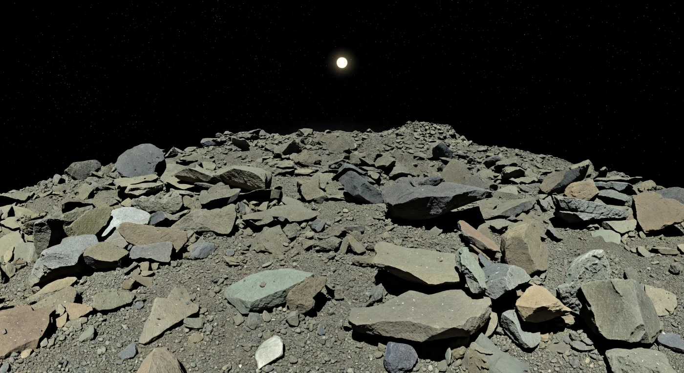 À hauteur de regard, le sol n’est qu’un chaos serré de blocs silicatés anguleux, de dalles fracturées et de gravats gris brun, avec ici et là des poches de régolithe plus fin coincées entre les roches sur une pente qui semble presque trop raide pour retenir quoi que ce soit. Pourtant, dans cette gravité extrêmement faible, ces matériaux d’astéroïde de type S — proches des chondrites ordinaires, enrichis en olivine et pyroxène et légèrement altérés par l’érosion spatiale — demeurent en équilibre précaire, tandis que de minuscules cratères d’impact et des éclats minéraux brillent sous un Soleil cru. À seulement quelques dizaines de mètres, l’horizon se cambre déjà et disparaît, révélant l’échelle minuscule de ce monde de décombres poreux, où des buttes et arêtes hautes de quelques dizaines de mètres prennent l’allure de montagnes. Au-dessus, le ciel reste noir de vide absolu, piqué d’étoiles en plein midi, et les ombres, noires comme des fentes ouvertes dans la pierre, tombent avec une netteté implacable qui rend le paysage à la fois intime, sévère et profondément étranger.