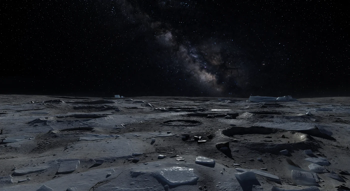 Sous un ciel de vide parfaitement noir, saturé d’étoiles d’une netteté implacable et traversé par l’arche pâle et texturée de la Voie lactée, le sol n’apparaît que par fragments: une plaine tourmentée de glace d’eau fracturée, de poussière anthracite et de blocs anguleux figés dans une nuit presque absolue. Les anciens cratères se chevauchent en silhouettes à peine lisibles, leurs rebords émoussés, leurs éjectas bosselés et leurs crêtes tectoniquement brisées ne saisissant qu’un filet de lumière stellaire, tandis que de minuscules reflets argentés scintillent sur des facettes de glace propre. Ici, l’absence totale d’atmosphère signifie ni brume, ni lueur, ni diffusion de lumière: seulement une clarté glaciale, extrêmement faible, qui laisse l’essentiel du paysage dans une ombre noire et révèle avec une précision saisissante la roche régolithique cimentée par la glace et le socle de glace d’eau criblé par les micrométéorites. À l’horizon bas et courbe, des remparts de cratères et des affleurements glacés se dressent avec une raideur presque irréelle, accentuée par la très faible gravité, donnant à cette étendue silencieuse l’allure d’un désert fossile, immense et étrangement majestueux.