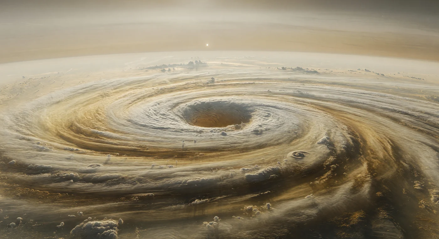 Ici, aucun sol ne soutient le regard : vous flottez au-dessus d’une immense cuvette de nuages, où des spirales serrées de glace d’ammoniac crème, beige et jaune pâle s’enroulent en terrasses descendantes vers un œil central ambré, plus sombre, qui s’enfonce comme un puits atmosphérique dans l’ombre. Les crêtes nuageuses, hautes de plusieurs kilomètres, alternent avec des sillons gris-brun et des veines ocre-bronze sculptés par des vents polaires extrêmement rapides, tandis qu’une brume d’aérosols et de smog photochimique adoucit l’horizon courbe sous une lumière oblique et affaiblie. Le minuscule Soleil, réduit à un point pâle à cette grande distance, rase la brume et projette de longues ombres diffuses sur les bandes concentriques, révélant la structure stratifiée d’une atmosphère d’hydrogène et d’hélium sans surface solide. Tout autour, de petits vortex secondaires paraissent presque insignifiants face à ce cyclone planétaire, dont la géométrie élégante et terrible laisse sentir la rotation rapide et la dynamique colossale du monde gazeux qui vous engloutit.