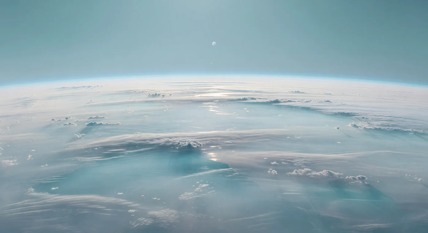 Depuis ce point de vue flottant au-dessus de la haute brume, l’horizon immense se cambre en une vaste étendue de nuages bleu-blanc, douce et stratifiée, comme un océan de vapeur glacée sans rivage ni relief solide. On y distingue de longues bandes ondulantes, de fines festonnures, des traînées de condensats plus claires et de rares ouvertures cyan qui plongent vers des couches atmosphériques plus sombres, révélant que ce « paysage » n’est fait que de méthane gelé, d’hydrogène, d’hélium et d’aérosols photochemiques en suspension. Sous un ciel pâle tirant vers le cyan, adouci par l’absorption du méthane et la brume d’altitude, le Soleil n’est plus qu’un minuscule disque blanc d’une intensité lointaine, diffusant une lumière froide, argentée, aux ombres à peine esquissées. Tout semble silencieux, profond et colossal : la courbure de la planète, l’absence totale de sol, et l’étendue presque sans fin de ces nappes nuageuses donnent la sensation troublante de flotter au-dessus d’un monde entièrement atmosphérique.
