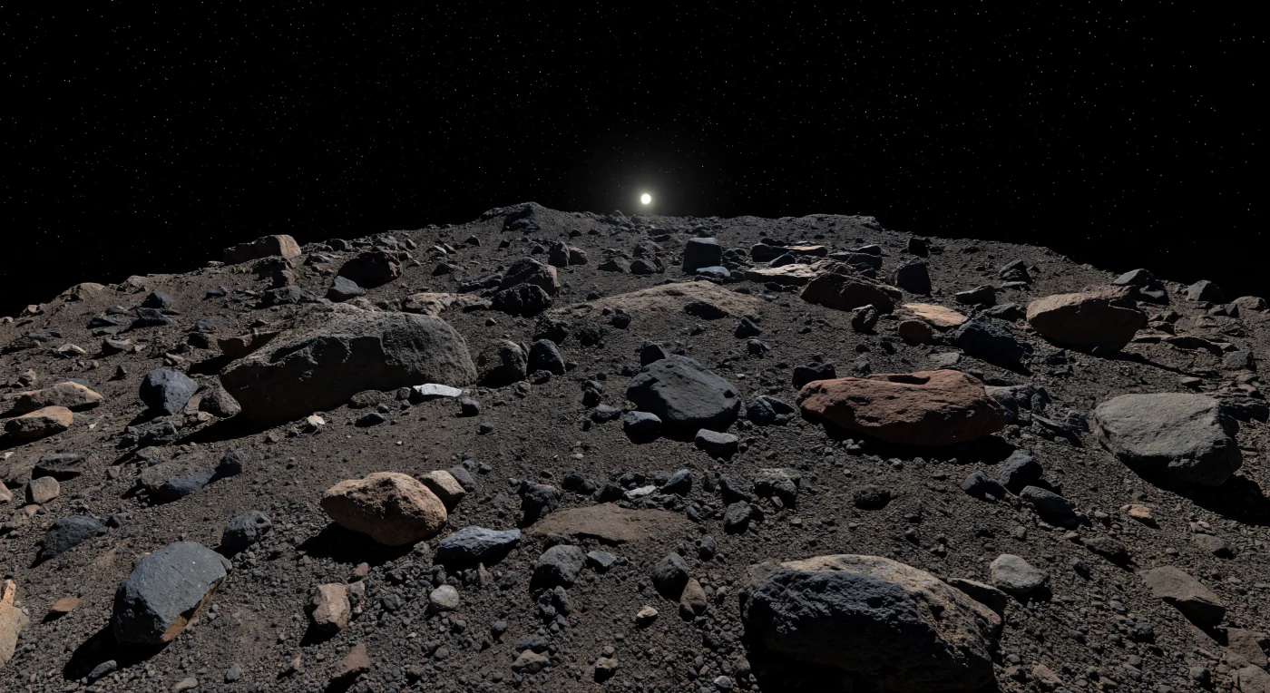 À hauteur de quelques centimètres au-dessus du sol, le paysage se déploie comme un chaos de débris noir mat — graviers, galets anguleux, blocs fracturés et dalles rugueuses — avant qu’un horizon étonnamment proche ne se courbe et ne s’effondre presque aussitôt, révélant la petitesse saisissante de ce monde. La surface, très pauvre en lumière réfléchie, est composée de matériaux carbonés primitifs riches en minéraux hydratés et en matière organique, ce qui explique ses teintes de charbon, de brun-noir et de gris ardoise, sans éclat minéral ni trace de glace ou d’érosion atmosphérique. Sous un Soleil cru dans un vide absolu, chaque pierre projette une ombre noire, nette comme une découpe, tandis que les étoiles demeurent visibles dans un ciel parfaitement noir, sans halo ni diffusion. On a l’impression de se tenir sur un amas de gravats à peine soudé par une gravité infime, où des blocs de quelques mètres semblent monumentaux uniquement parce que tout l’horizon se replie à quelques dizaines de pas autour de vous.