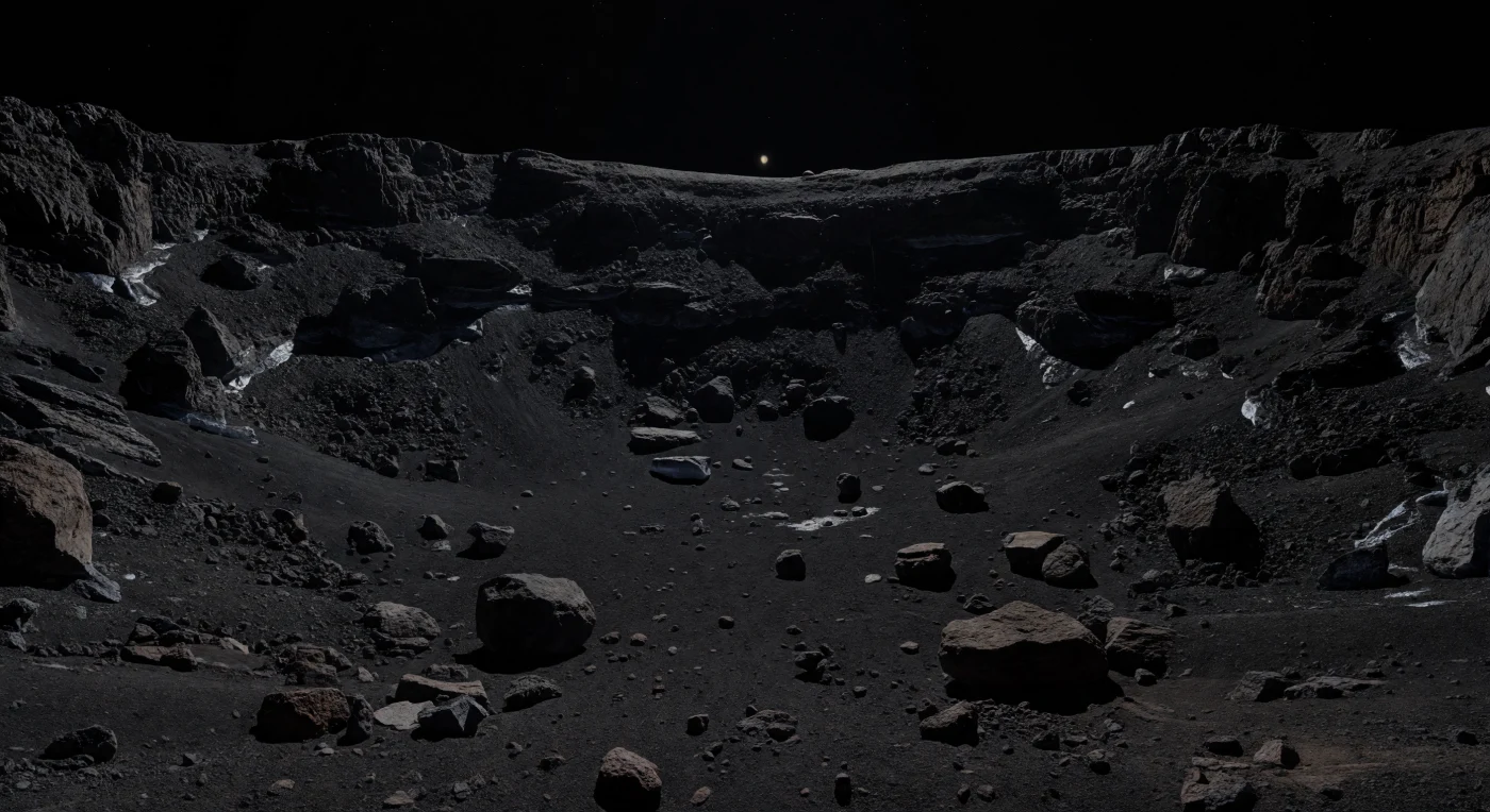 Au fond de ce vaste cratère d’impact, presque noyé dans une obscurité permanente, le sol n’apparaît que par une faible lueur renvoyée depuis un rebord lointain baigné de soleil : une plaine de régolithe noir, fin et granuleux, semée de blocs anguleux gigantesques et de débris d’éjection figés dans le vide. Les parois, abruptes et déchiquetées, se dressent comme des murailles d’encre, révélant çà et là de minces traînées pâles et quelques plaques discrètement bleutées où de la glace d’eau affleure dans des fractures ou des poches abritées. Dans ce piège froid, parmi les plus glacials et les plus durablement ombragés, l’absence totale d’atmosphère, de givre en suspension ou d’écoulement laisse la lumière mourir sur des matériaux très sombres, riches en composés carbonés, tandis que les reliefs conservent une raideur spectaculaire grâce à une gravité infime. On a l’impression de se tenir au cœur d’un gouffre silencieux et primordial, où le Soleil n’est plus qu’un éclat lointain et où chaque reflet de glace tranche, presque irréel, sur le noir profond d’un monde ancien et violemment criblé d’impacts.