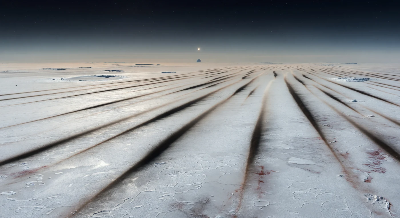 À hauteur de regard s’étend une plaine cryogénique presque parfaitement plane, éclatante de glace d’azote mêlée de givre de méthane, où de fines fissures polygonales, de petites cuvettes de sublimation et de basses rides de givre accrochent une lumière froide venue d’un Soleil minuscule, très bas sur l’horizon. À travers cette blancheur réfléchissante courent d’immenses bandes parallèles de retombées sombres, du charbon à l’ombre brun ombré, aux bords plumeux et soufflés par le vent, alternant avec des rubans de givre intact et suggérant des particules arrachées à de lointains geysers d’azote puis transportées sur des dizaines à des centaines de kilomètres par une atmosphère ténue. Au loin, quelques faibles reliefs glacés, des plaines cryovolcaniques assoupies, de discrètes dépressions d’impact et de rares knobs de glace d’eau émergent à peine, écrasés par l’échelle immense de cette étendue rayée qui semble ne jamais finir. Au-dessus, le ciel passe du noir profond à une légère brume bleu gris teintée d’ambre pâle près de l’horizon, où les contrastes se fondent doucement, donnant à ce désert de glaces volatiles, de poussières organiques rouge brun et de silence absolu une beauté austère, presque irréelle.