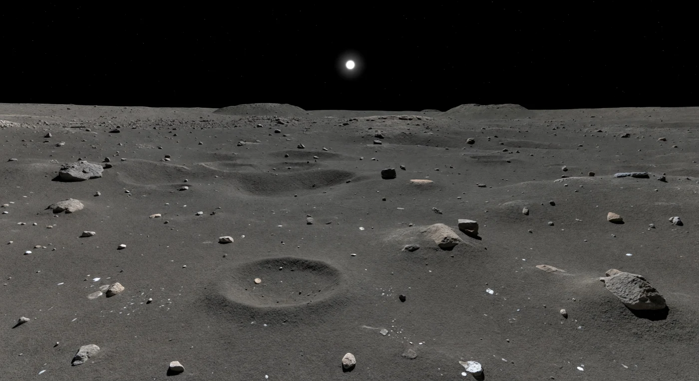 À midi local, une vaste plaine équatoriale de régolithe sombre s’étend presque sans rupture jusqu’à un horizon étonnamment proche, à seulement quelques kilomètres, révélant d’un seul coup la petite taille du monde sous vos pieds. Le sol, d’un gris anthracite à ardoise, est formé de matériaux fins riches en argiles hydratées mêlés à une brèche d’impact poussiéreuse, parsemé de galets, de blocs anguleux de roche silicatée fracturée et de petits cratères émoussés dont les rebords ont été lentement adoucis par le brassage continu du régolithe en très faible gravité. Ici et là, de rares éclats blancs — probablement des sels exposés, ou de fugitives traces de glace dans une anfractuosité ombrée — scintillent brièvement sous une lumière solaire dure, froide et tranchante, qui projette des ombres noires aux contours parfaitement nets dans un ciel de vide absolu. Sans air pour diffuser la lumière ni brume pour estomper les lointains, les faibles ondulations du terrain et les rebords lointains de cratères restent d’une précision presque irréelle, donnant à cette étendue sèche, gelée et silencieuse l’aspect d’un décor minéral immobile, à la fois austère, ancien et profondément extraterrestre.