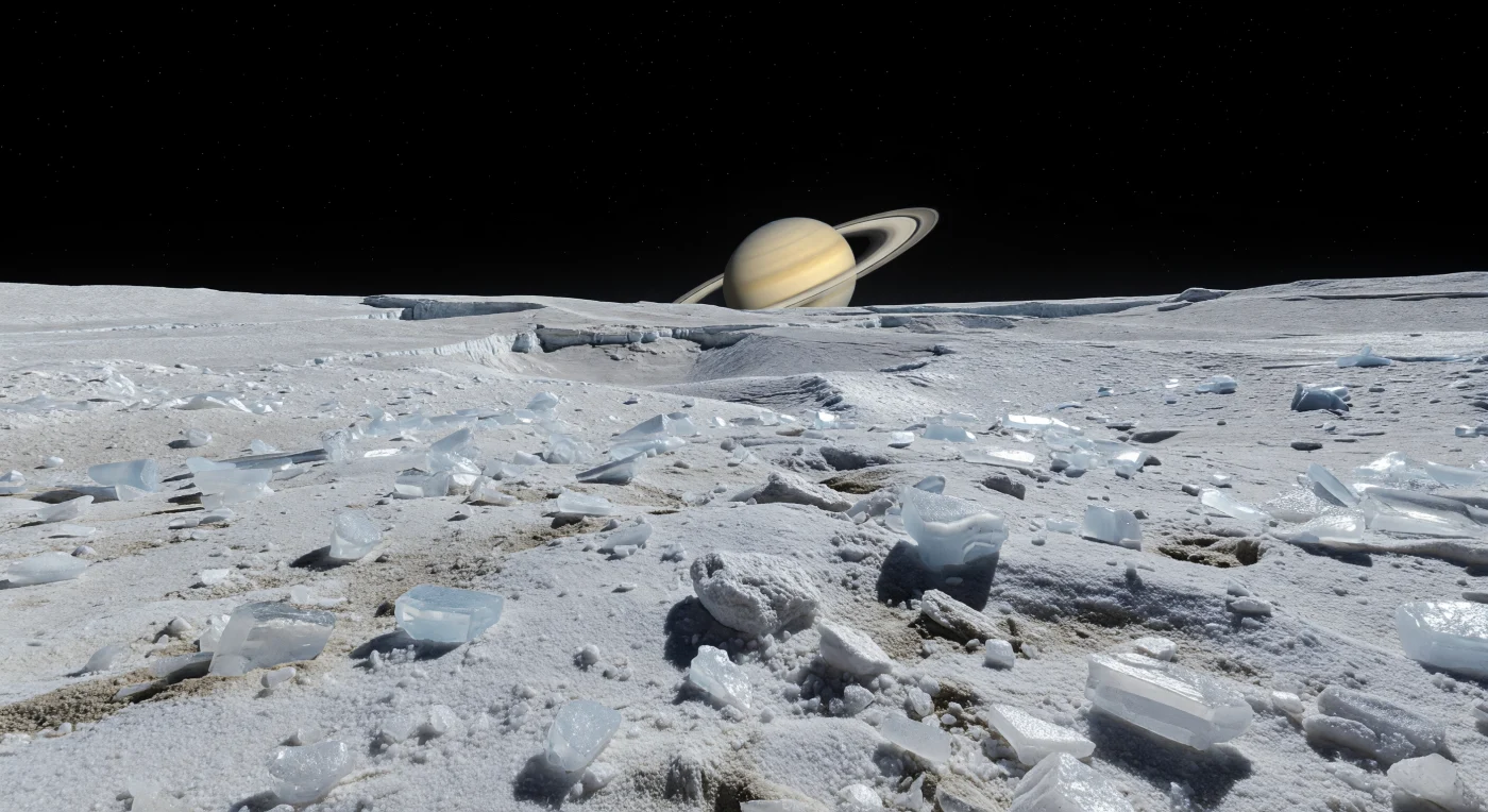 À hauteur d’homme, le sol se présente comme une mosaïque compacte de régolithe glacé gris-blanc, où des fragments de glace d’eau, des grains poudreux semblables à du givre et des blocs anguleux brisés reposent sur une antique plaine criblée de cratères. Dans le vide presque absolu, sans vent ni érosion active, chaque arête reste nette, chaque caillou projette une ombre d’une précision tranchante, et les faces cristallines fraîchement fracturées renvoient des éclats bleu-blanc sous la lumière dure d’un Soleil lointain. Des poussières plus sombres, probablement des contaminants rocheux ou organiques mêlés à la glace, s’accumulent dans les creux abrités, tandis qu’au loin émergent de faibles rides tectoniques, des rebords de cratères et de pâles escarpements linéaires témoignant d’un resurfaçage ancien et de la fracture de la croûte glacée. Au-dessus de cet horizon figé, le ciel noir absolu est dominé par l’énorme disque annelé de Saturne, suspendu comme une architecture céleste silencieuse, donnant à cette étendue lumineuse et glacée une grandeur irréelle.