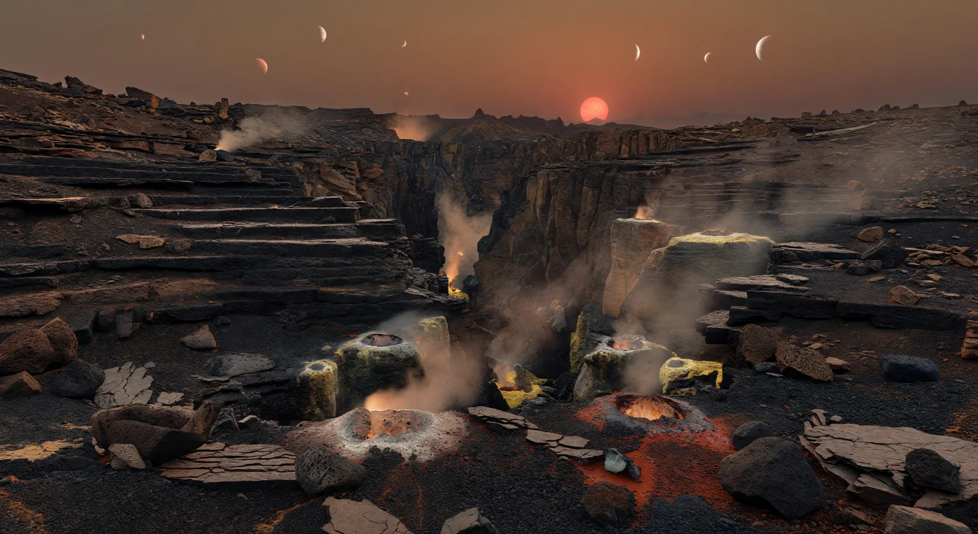 Au bord de cette faille tectonique abyssale, le regard plonge dans un gouffre d’environ un kilomètre de profondeur, où d’immenses terrasses de basalte noir et brun rouillé s’étagent comme les marches d’un monde volcanique figé puis fracturé. Autour de vous, des blocs de lave vésiculaire, des dalles cassées et des graviers sombres sont poudrés de poussière rougeâtre, tandis que des fumerolles cerclées de dépôts soufrés jaunes, ocre et blanchâtres exhalent des gaz gris ambrés qui s’accumulent en nappes basses dans le canyon, signe d’une chaleur interne persistante sous une surface froide et sèche. La faible lumière rouge-orangée venue de l’horizon permanent allonge et adoucit les ombres, révélant chaque fissure du relief basaltique sous un ciel cuivré et violacé, où une atmosphère secondaire ténue à modérée diffuse l’éclat d’une petite étoile rouge toujours suspendue au même point. Au loin, la déchirure se prolonge vers des hauts blocs faillés et des rides volcaniques, tandis que d’autres mondes apparaissent comme de larges disques lumineux dans la pénombre, donnant à cette scène minérale une échelle et une étrangeté presque irréelles.