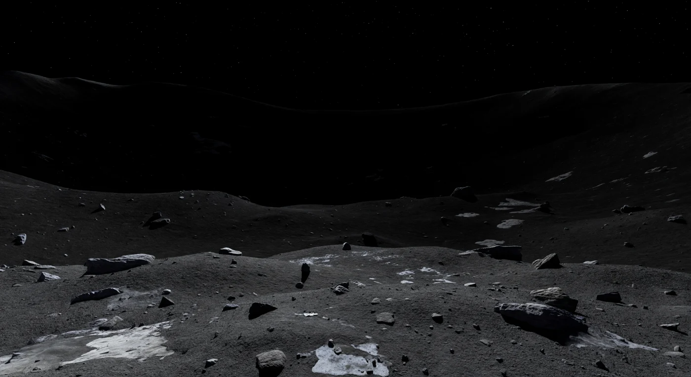 Depuis le fond de ce cratère polaire figé dans une nuit éternelle, le paysage n’est presque qu’une absence de lumière : un sol de régolithe gris noir, poudreux et bosselé, ponctué de brèches anguleuses, de petits blocs lithiques et de micro-cratères à peine révélés par une lueur cendrée venue de rares segments du rebord lointain. Dans les creux les mieux abrités et au pied de certaines roches, la glace d’eau n’apparaît pas comme des plaques nettes, mais comme un mélange terne et discontinu, légèrement plus clair, intimement mêlé à la poussière ancienne remaniée pendant des milliards d’années par le bombardement micrométéoritique. Les parois internes se dressent tout autour en silhouettes colossales et courbes, englouties dans un noir absolu sous un ciel sans air, sans halo et sans Soleil visible, où seules quelques étoiles peuvent percer faiblement. Ici, le froid extrême et l’absence presque totale d’illumination directe ont transformé le fond du cratère en piège thermique et géologique, un sanctuaire de ténèbres où se conservent des matériaux volatils primitifs à l’échelle du Système solaire.