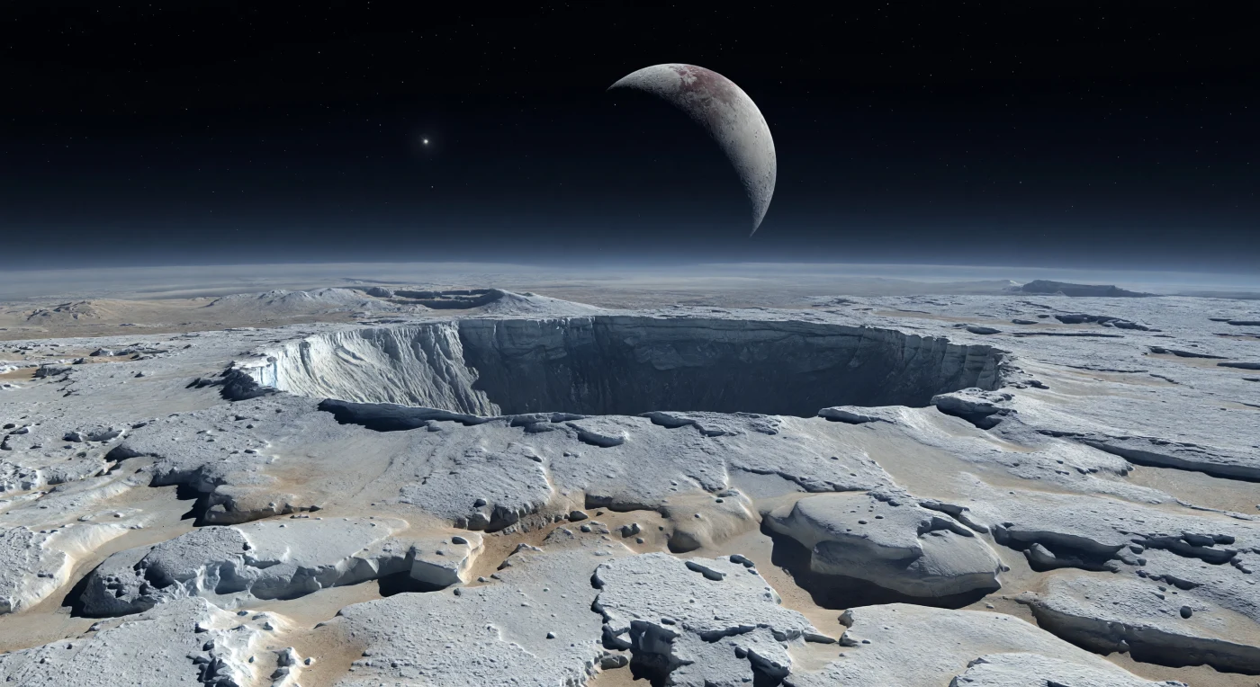 Depuis le rebord sommital de Wright Mons, le regard plonge vers une immense dépression centrale aux parois cannelées, dont les falaises de glace d’eau s’enfoncent dans une obscurité bleu-noir, tandis qu’autour s’étend un chaos de cryolave figée en buttes, rides fracturées et lobes gelés. Sous une lumière rasante venue d’un Soleil minuscule, les terrains bosselés brillent de gris pâle, de blanc cassé et de faibles reflets bleutés, là où un socle de glace d’eau est poudré par des gels d’azote, de méthane et de monoxyde de carbone, avec par endroits de discrètes poussières brunâtres de tholins. Cette montagne, haute d’environ 3,5 kilomètres au-dessus des plaines voisines, témoigne d’un volcanisme froid où des matériaux glacés, extrudés lentement sous une gravité très faible, ont bâti un édifice colossal aux formes adoucies et pourtant déchirées. Au-dessus de cet horizon gelé, le ciel reste presque noir, à peine ourlé d’une fine brume atmosphérique bleutée, tandis qu’un immense croissant de Charon domine la scène et que les étoiles persistent en plein jour, accentuant l’impression saisissante de se tenir sur un monde lointain, silencieux et encore intérieurement actif.