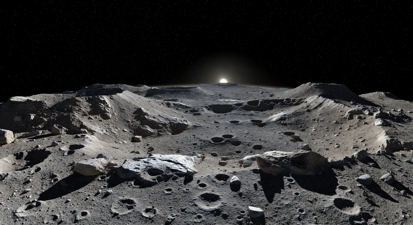 À la limite du jour et de la nuit, un petit Soleil blanc rase un horizon noir, très proche et nettement courbé, tandis qu’un enchevêtrement de cratères, de gradins rocheux et de blocs anguleux se détache en gris argenté sous une lumière crue. Le sol, fait de poussière et de débris basaltiques issus d’une ancienne croûte volcanique, mêle régolithe clair, fragments bréchiques et taches plus sombres de matériaux exogènes apportés par des impacts; en l’absence totale d’atmosphère, rien n’adoucit les contrastes, et les ombres, d’une noirceur absolue, s’étirent sur des dizaines de mètres avant de se fondre brutalement dans la nuit. Dans cette gravité infime, les éboulis paraissent à peine retenus sur les parois de cratères, et des reliefs qui semblent montagneux ne s’élèvent parfois que de quelques dizaines de mètres, accentuant l’étrange sensation d’un monde à la fois minuscule et monumental. Au-dessus, le ciel reste parfaitement noir même en plein éclairage, piqué d’étoiles fixes, donnant à cette étendue d’impact, de fractures et de basalte nu l’allure saisissante d’un vestige intact des premiers âges du Système solaire.