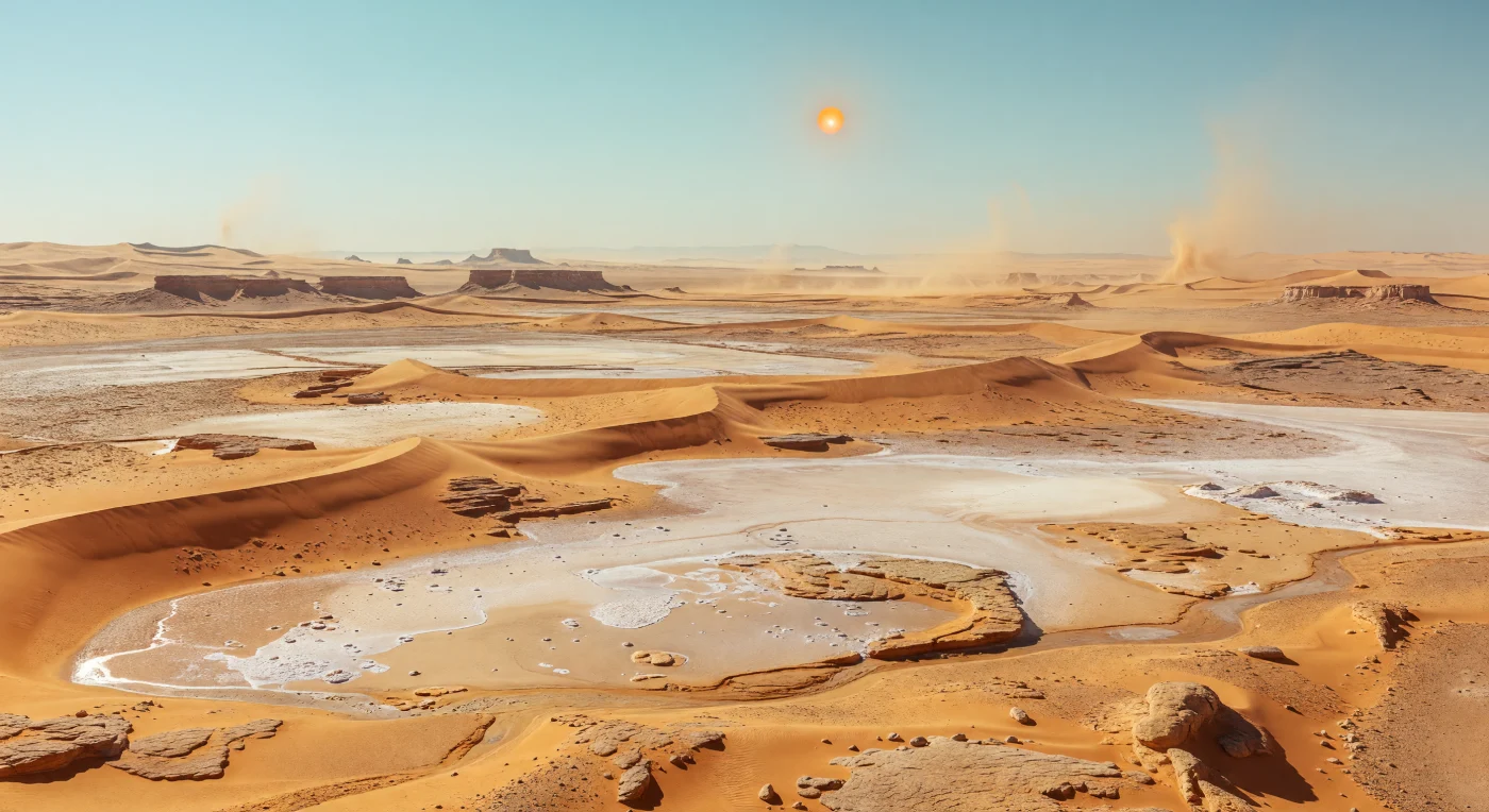 À hauteur du sol, le bassin aride s’étire en une immensité d’ocre et de rouille, où de longues dunes fines alternent avec des yardangs fuselés, sculptés par l’abrasion éolienne dans des sédiments stratifiés et des poussières compactées. Entre ces reliefs, des plaines salées crème et beige pâle craquent en polygones de dessiccation, bordées de minces croûtes évaporitiques et de nodules rappelant le gypse, témoins d’anciennes saumures désormais disparues, tandis que des chenaux secs et des traces de crues tressées serpentent parmi des galets sombres et de bas bourrelets alluviaux. Sous une lumière de midi orange-blanche, un peu plus douce que celle de la Terre, le petit soleil chaud projette des ombres modérément diffuses à travers une atmosphère épaisse, et quelques tourbillons de poussière soulèvent des voiles translucides dans un ciel turquoise pâle qui se fond en une brume blanchâtre et chaude vers l’horizon. La gravité légèrement plus forte donne à l’ensemble une présence dense, ramassée, presque pesante, tandis que les trains de dunes, les mesas lointaines et les escarpements noyés de brume accentuent l’échelle vertigineuse et l’étrangeté sereine de ce désert minéral.