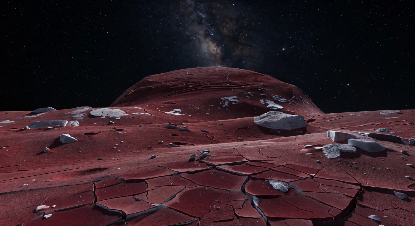 At your feet, the ground is a mosaic of dark wine-red plates, their polygonal and jagged outlines cut by crisp black-red fractures whose deeper interiors glow a richer burgundy against the frozen surface. This brittle crust is thought to be a primordial mixture of water ice, methanol ice, and radiation-processed organic material, with slight curled edges and tiny shifted ridges recording thermal contraction and minute stresses accumulated over billions of years in an airless vacuum. Fine reddish frost, angular ice chips, scattered blocky clasts, and occasional pale patches of fresher exposed ice sharpen every detail, because there is no wind, liquid, or atmosphere to soften or erase the landscape. Beyond the gently rolling fractured plains, the immense adjoining lobe rises like a dark crimson wall into a star-crowded black sky, its softly hummocked face and faint grooves emphasizing that this is not an active world reshaped by geology, but a nearly untouched relic from the Solar System’s earliest assembly.