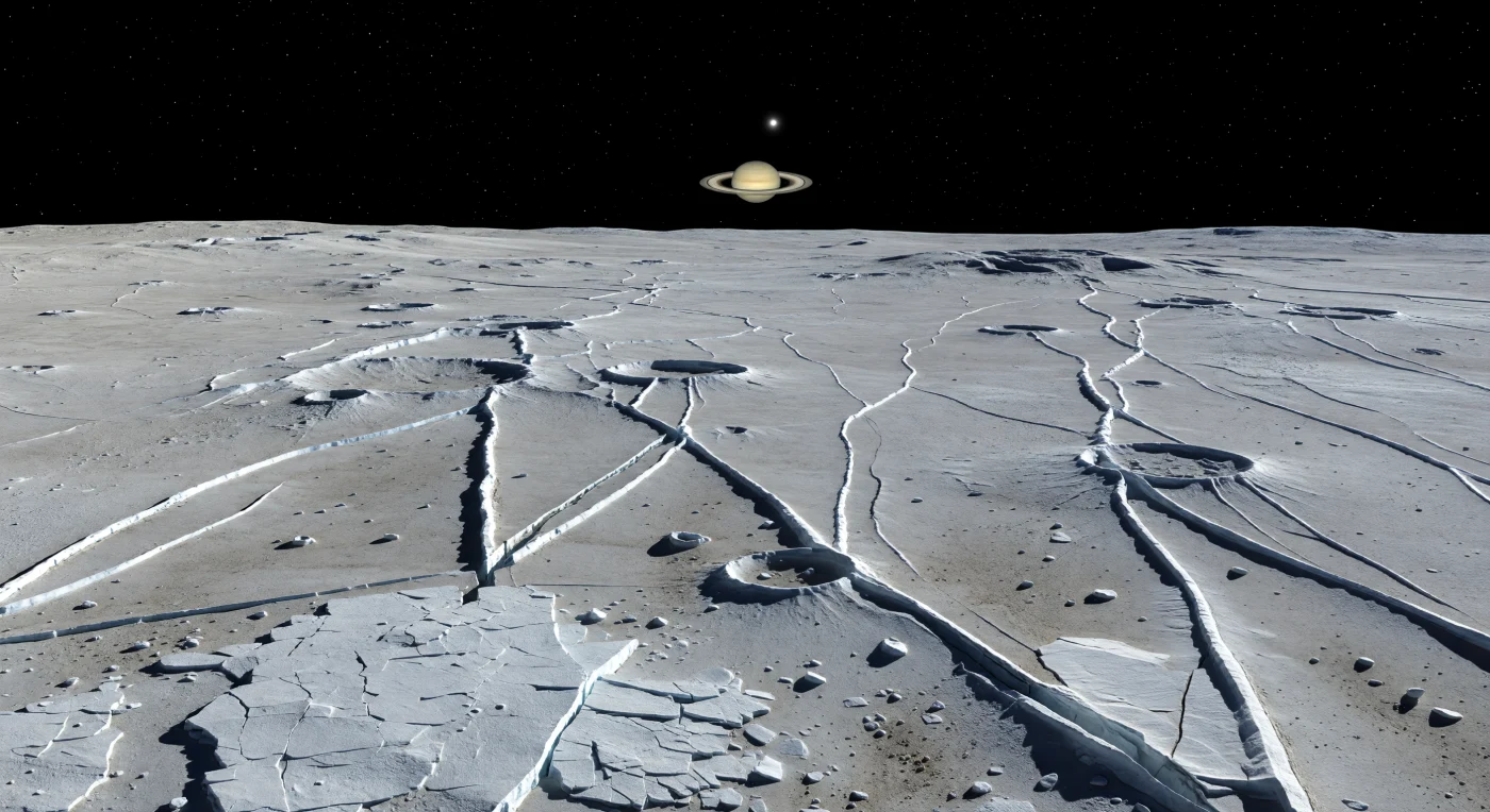 You stand on a vast gray-white plain of cryogenic water ice where the so-called wispy terrain resolves into immense tectonic scars: bright, branching scarps and rib-like fault-bounded ridges slicing across the ancient crust, with narrow dark troughs and graben marking places where the surface has been pulled apart. Around you, hard ice bedrock is shattered into angular slabs, dusted with darker micrometeoritic debris and radiation-processed material that has collected in cracks, while old impact craters are visibly cut, offset, and terraced by later extension. In the weak, low-angle sunlight, fresh icy faces flash brilliant white and cast razor-edged black shadows, making even modest scarps look severe on this low-gravity world where subtle rises and crater walls can dominate the horizon across tens of kilometers. Above the silent landscape, the sky is perfectly black and airless, with no haze or weather to soften the scene—only the sense of standing in a frozen tectonic ruin, preserved in extraordinary detail for eons.