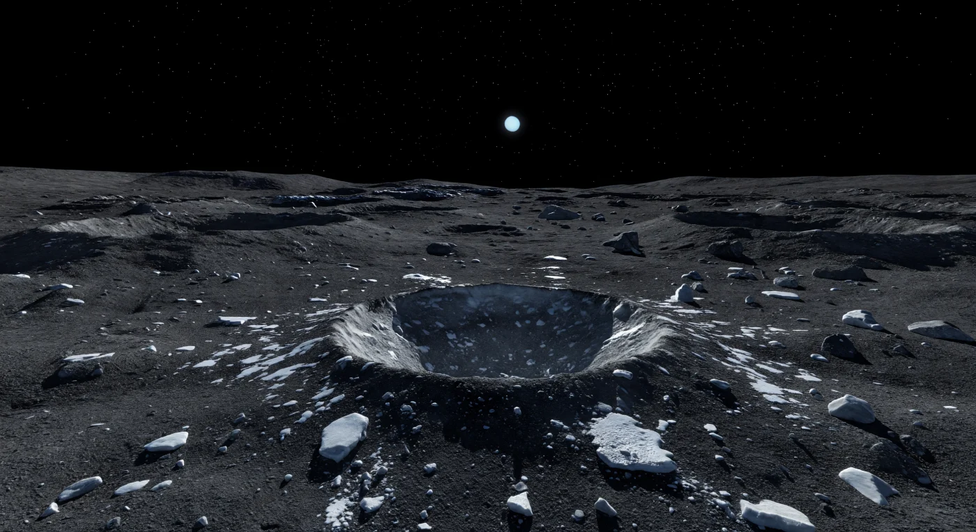 A sharp young crater interrupts the ancient charcoal-dark plain, its raised rim and splashed apron of frost-bright ejecta standing out starkly against regolith blackened by carbon-rich material and space weathering. Around your feet lie angular blocks, shattered crust fragments, and fine icy breccia, all preserved in uncanny stillness by feeble gravity and the complete absence of wind or air. The crater’s steep inner walls reveal cleaner subsurface water ice beneath the darker irradiated surface, while its floor drops into ink-black shadow under a tiny distant Sun that casts razor-edged light across the heavily cratered horizon. Above the silent landscape, the sky is utterly black, and if this hemisphere faces inward, a pale cyan disk hangs far overhead—vast compared with the Sun yet softly luminous—deepening the sense of standing on a frozen, airless relic from the early outer Solar System.