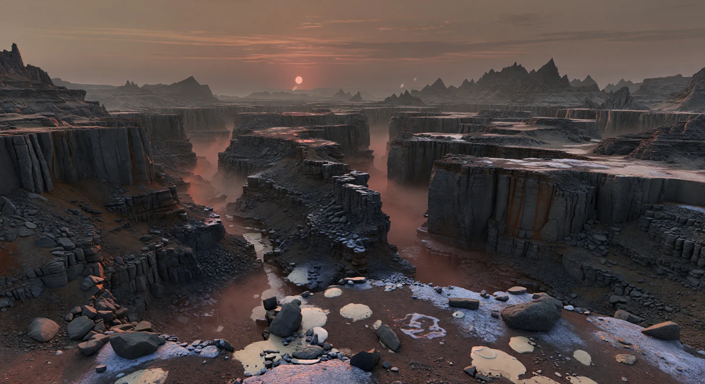 You stand at the lip of a colossal canyon labyrinth where dense super-Earth crust has fractured into steep, branching chasms, their dark basalt walls striped with oxidized rust and broken into massive jointed faces that plunge into fog-softened depths. In the shadowed ledges and colder recesses, thin frost and translucent ice cling to the rock, hinting that moisture here likely condenses and freezes out of a substantial nitrogen-rich atmosphere rather than flowing as open water, while the canyon floors lie coated in frozen regolith, dark dust, and smooth mineral crusts. The low, reddish dwarf star hangs near the horizon in a smoky copper-mauve sky, casting soft amber sidelight that stretches long muted shadows and ignites faint crimson glints across the ice. Under the heavier gravity implied by this world’s mass, the landscape feels starkly compressed yet immense—sheer cliffs, blocky talus, and serrated highlands rising beyond the maze with a silent scale that dwarfs any familiar desert on Earth.