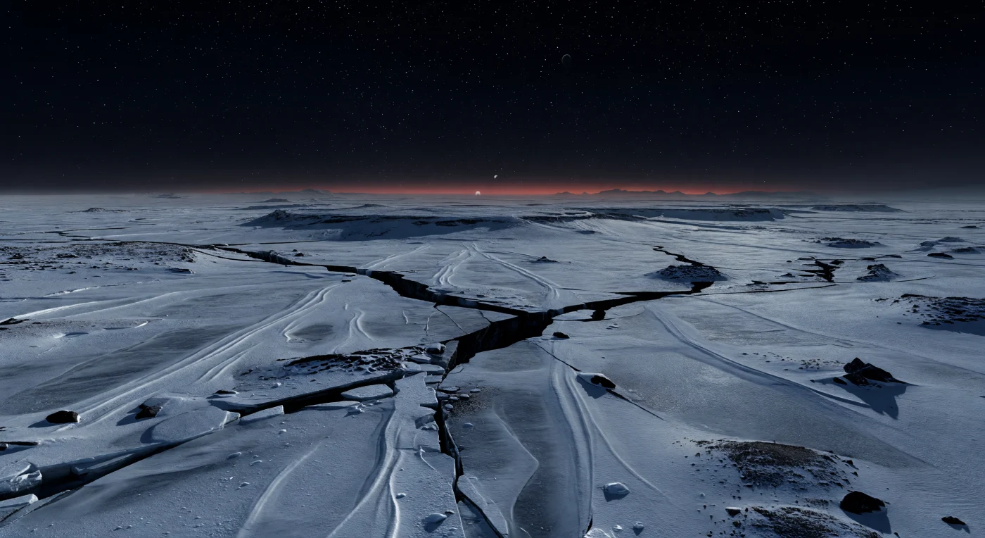 You stand on a permanent nightside plain of water ice so vast it seems to swallow the horizon, its steel-blue surface combed into long, parallel sastrugi and low pressure ridges by relentless downslope winds flowing out of colder interior highlands. Black crevasses split the plateau into branching fracture systems, their lightless depths bordered by shattered ice blocks and scattered dark basaltic stones exposed where frost and stress have broken through the frozen crust. Above, the sky is extraordinarily clear and star-crowded, while along one far horizon a narrow muted red-orange band marks the distant day side, its faint glow softened by thin high ice haze and reflected dimly from wind-polished translucent ice. The scene suggests a rocky, tidally locked world with an atmosphere still capable of moving heat, lofting ice crystals, and sculpting exposed water ice into immense, austere landforms under cold, crushing stillness.