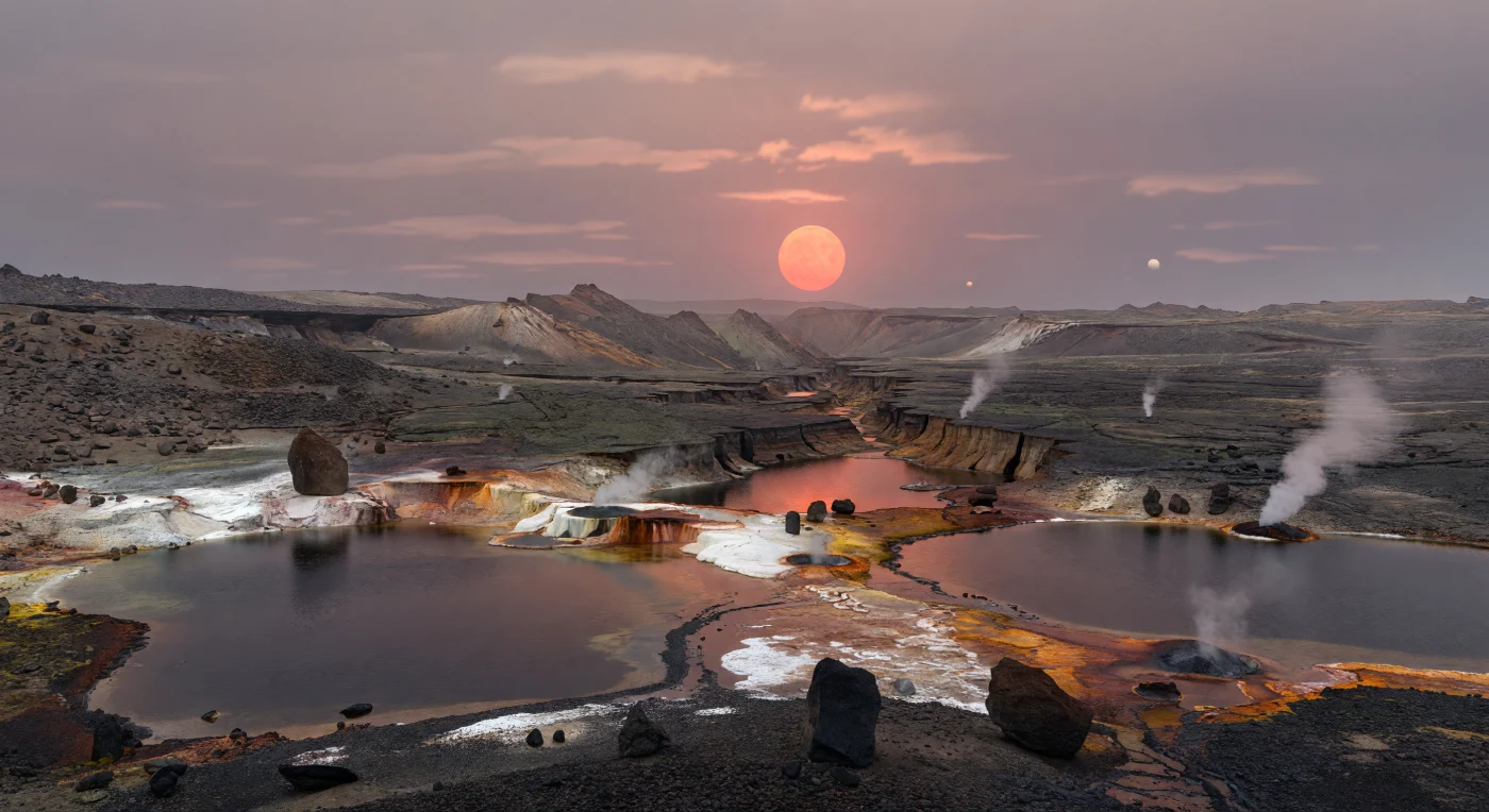 From the rocky shore, you look across a chain of ink-dark lakes pooled along a vast rift where basaltic crust has split and dropped between towering fault escarpments, their broken strata and talus slopes fading into a cool haze. The lake margins are ringed with hydrothermal minerals—gleaming white silica terraces, iron-rich crusts stained rusty orange and deep maroon, subtle yellow sulfur patches, and salt-cracked mud—while fumaroles breathe pale steam through fractured lava and shallow hot springs thread thin wet channels into the still water. Everything is lit by a low red-orange star fixed near the horizon, its oblique copper light reflecting off the lakes and wet sinter while matte black volcanic rock stays almost lightless, giving the valley a stark, cinematic contrast. On a tidally locked world where cool air from the twilight zone meets geothermal heat, this landscape records active faulting, volcanic resurfacing, and water-rock chemistry on a scale that feels immense, silent, and profoundly alien.