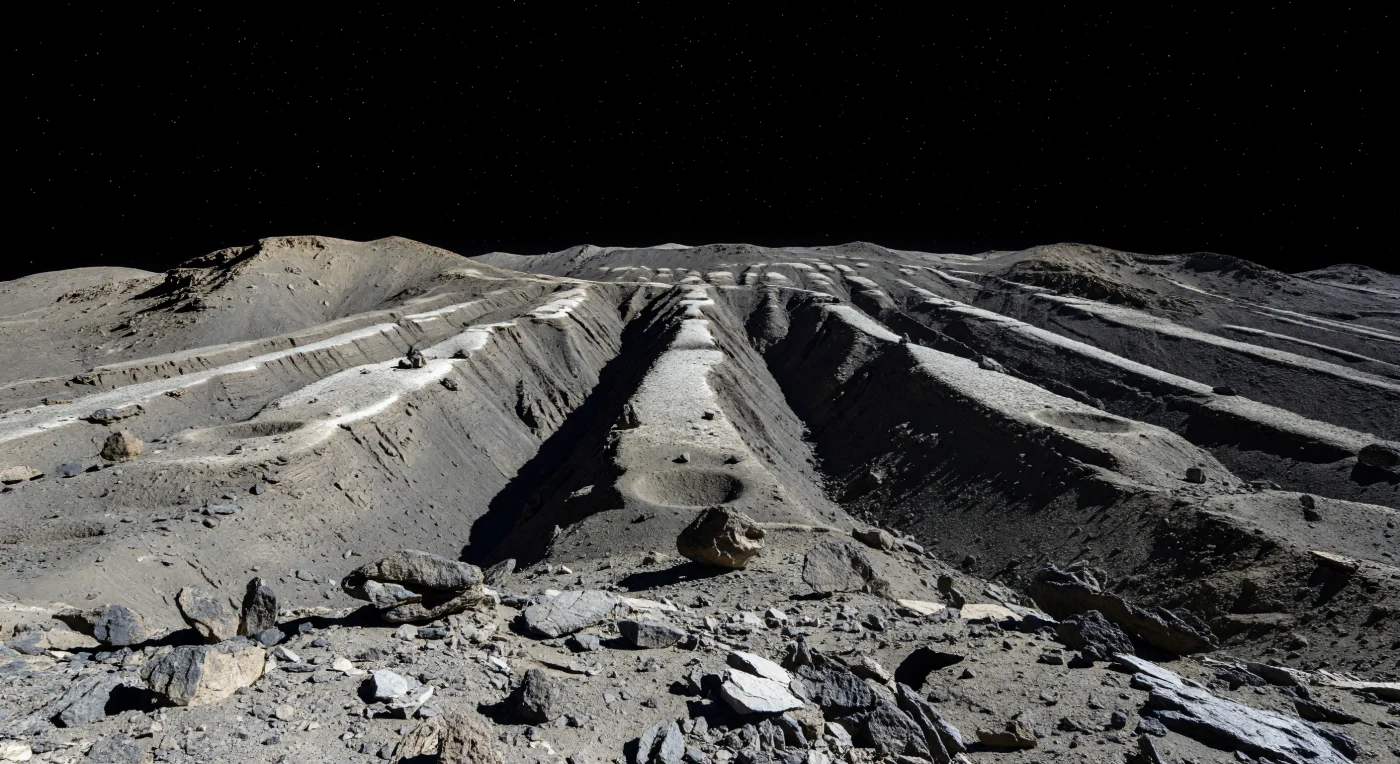 You stand low among immense, subparallel ridges and troughs cut into a battered basaltic crust, the ground strewn with angular rubble, brecciated slabs, pale regolith, and occasional darker carbon-rich clasts perched improbably on steep slopes in feeble gravity. These grooves are thought to be giant fractures formed when colossal impacts stressed and deformed the crust of this differentiated protoplanet, exposing layered igneous rock and leaving narrow trenches drowned in absolute black shadow while ridge crests gleam with pulverized ejecta under the hard, distant Sun. Small fresh craterlets, overturned blocks, and faint downslope drifts of dust record a surface still being reworked by impacts and slow regolith migration, even in the absence of air, water, or weather. Above it all hangs a pitch-black sky scattered with sharp stars, and the nearby curved horizon makes these modest 10-to-50-meter walls feel like the ribs of a shattered miniature world.