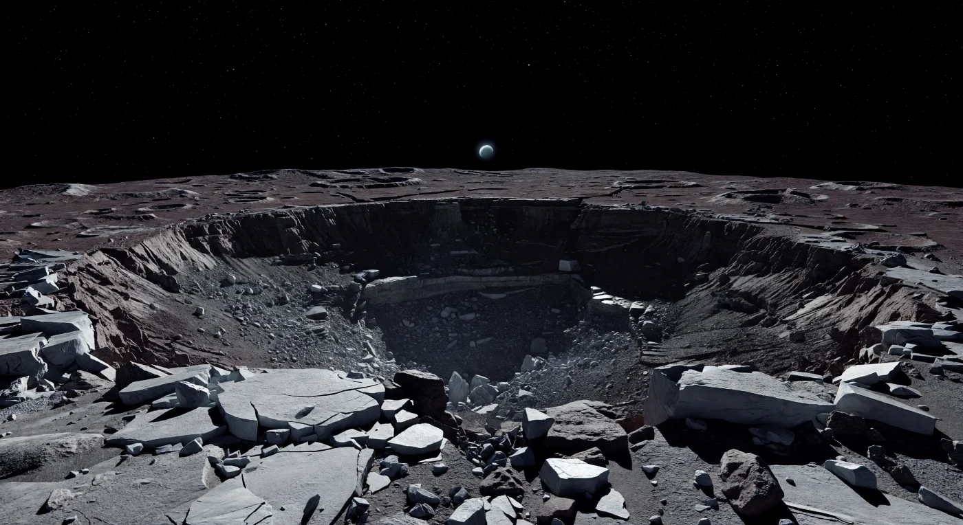 From the shattered crest of a colossal crater rim, jagged slabs of water ice and dark silicate-rich breccia teeter in feeble gravity above an immense abyss, where terraced walls, slump benches, and blocky talus descend into a floor drowned in black shadow. The surface here is ancient and heavily battered: dirty ice mixed with rocky material has been fractured by impact and later tectonic faulting, leaving steep scarps, angular boulders, and almost no softening from erosion in this airless, weatherless cold. Under a tiny, hard-edged Sun, every ridge throws razor-sharp darkness while cleaner ice flashes faint bluish-white against a broader landscape of charcoal and reddish-gray plains, their distant crater rims curving subtly with the small moon’s horizon. Low over that bent horizon hangs a pale blue-green Uranus, an eerie disk in the black sky, making the scale and silence of this frozen basin feel almost overwhelming.