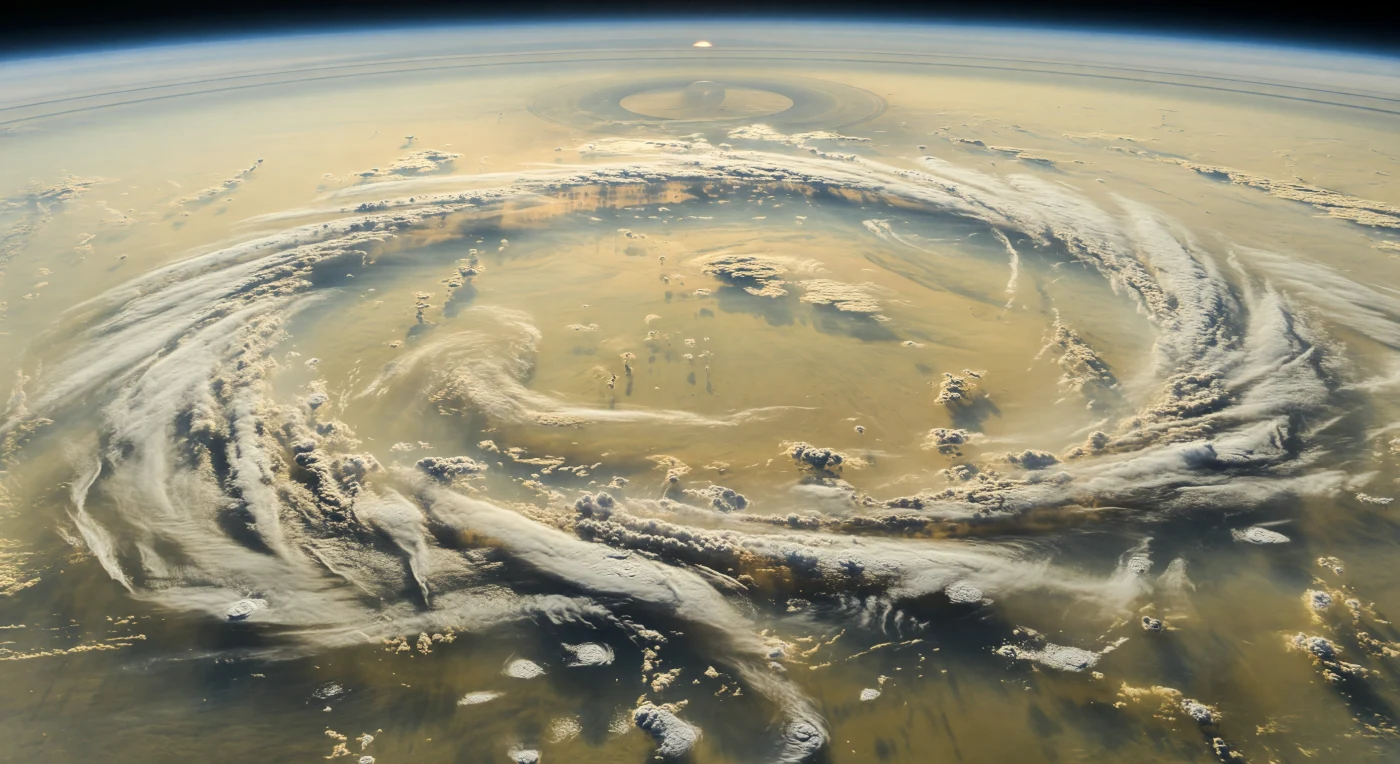 You appear to be drifting beside a colossal atmospheric escarpment: a ruler-straight wall in the clouds where pale cream and butterscotch ammonia-ice tops meet muted olive-beige and dirty ochre hazes, all bending away in the immense six-sided curve of the polar jet stream. There is no ground at all—only layered gas and condensate, with wind-shorn terraces, scalloped vortex hollows, braided streamers, and darker blue-gray recesses sinking into deeper storm layers far below, while tiny bright eddies reveal that these cloud structures rise for many kilometers and extend across thousands. In this frigid realm, near 95 K, low seasonal sunlight filters through photochemical smog as a dim, distant disk, casting soft golden highlights and long diffuse shading across a landscape made entirely of motion, chemistry, and pressure. The effect is both geometric and alien: a vast passage carved not in rock but in ammonia clouds and high-altitude haze, where the atmosphere itself becomes architecture.