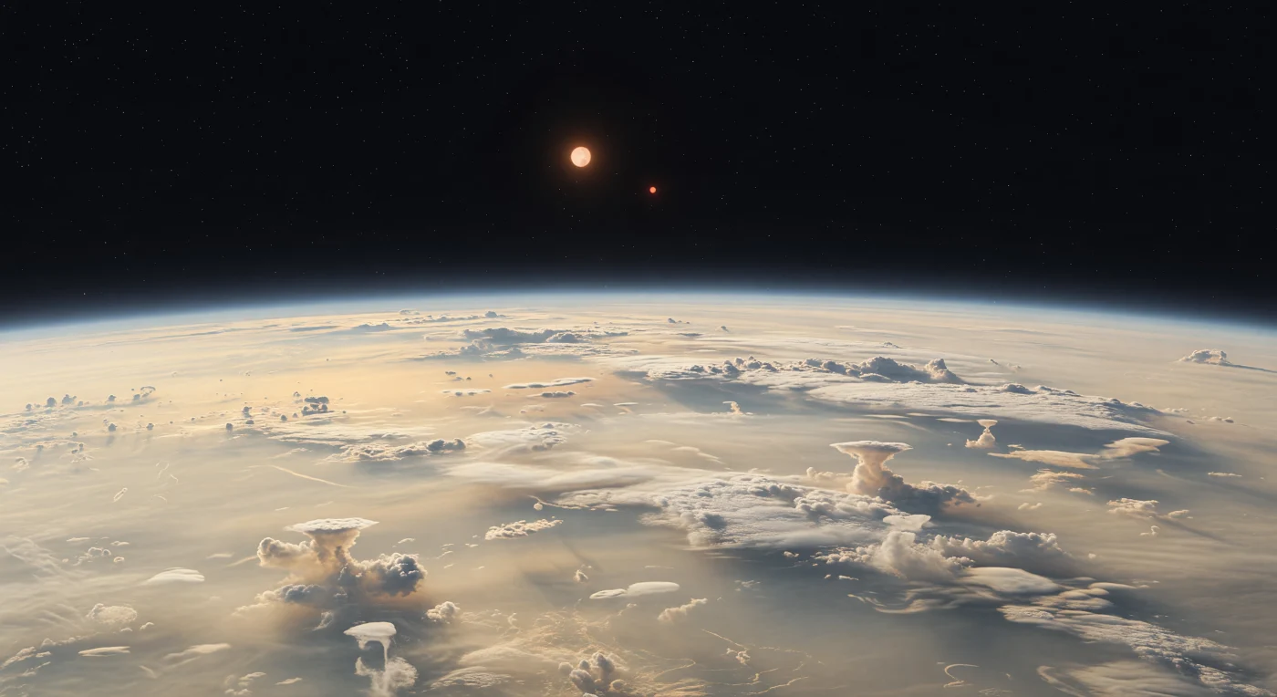 From this lofty perch above the main cloud decks, you look out over a vast cream-colored ocean of atmosphere, its softly banded ammonia and water-ice hazes curving away so strongly that the planet’s immensity is impossible to miss. Towering storm anvils and faint spiral eddies rise from the smoother layers thousands of kilometers below, while a razor-thin silver-blue limb traces the horizon beneath a sky already faded to near-black. Suspended there are two distinct suns: a warm orange primary casting amber light across the pale clouds, and nearby a far smaller ember-red companion adding a delicate secondary glow that splits highlights and shadows across the storm tops. With no land, no sea, and no solid surface anywhere beneath you—only cold hydrogen-helium depths and stratified cloud worlds descending into darkness—the scene feels less like weather above a planet than the exposed upper skin of a giant, alien atmosphere.