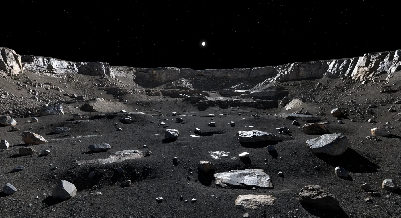 From the floor of this immense impact basin, you would stand on a dark plain of compacted regolith—iron-rich dust, crushed metal-silicate rubble, and angular fragments of nickel-iron bedrock—broken by low hummocks, tiny secondary craterlets, and brighter slabs of exposed metal that catch the Sun in cold, restrained glints. Around you, broken terraces and steep, fractured walls sweep upward in a crescent, their mixed breccia, ferrous outcrops, and rubble slopes seeming both monumental and strangely delicate under gravity so weak that sharp forms and precariously perched blocks can endure. The nearby horizon curves away unmistakably, a reminder that this is a small world only a few hundred kilometers across, where even modest ridges feel dramatic at ground level. Above it all hangs a pitch-black sky, stars visible in daylight, while the distant Sun casts hard, undiffused light that turns every boulder, scarp, and metallic vein into a study in brilliant silver-gray highlights and absolute black shadow.