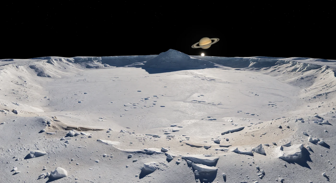 All’alba locale, dalla corona smussata dell’enorme bacino, lo sguardo abbraccia una depressione d’impatto così vasta da rivelare chiaramente la curvatura del mondo lontano all’orizzonte, mentre il suolo in primo piano è un caos scintillante di regolite di ghiaccio d’acqua, blocchi brecciati, scarpate basse e polvere gelata dai toni bianco-grigi. La luce radente di un Sole piccolo e remoto, in un cielo perfettamente nero e senza atmosfera, scolpisce contrasti durissimi: i rilievi concentrici appena accennati, i craterini addolciti, i dossi e le superfici levigate testimoniano un’antica crosta glaciale che, sotto una gravità debolissima, si è lentamente rilassata dopo l’impatto catastrofico. Al centro del bacino si innalza un massiccio centrale non roccioso ma di ghiaccio sollevato, ampio e smorzato, la cui ombra nera ed elegante attraversa per chilometri la pianura brillante come una meridiana immobile. Sopra questa distesa silenziosa e disabitata, sospeso enorme nel vuoto, il pianeta dominante con i suoi anelli inclinati accentua la sensazione di trovarsi sul bordo di un cratere grande quasi quanto un continente, in un paesaggio congelato, antico e alieno.