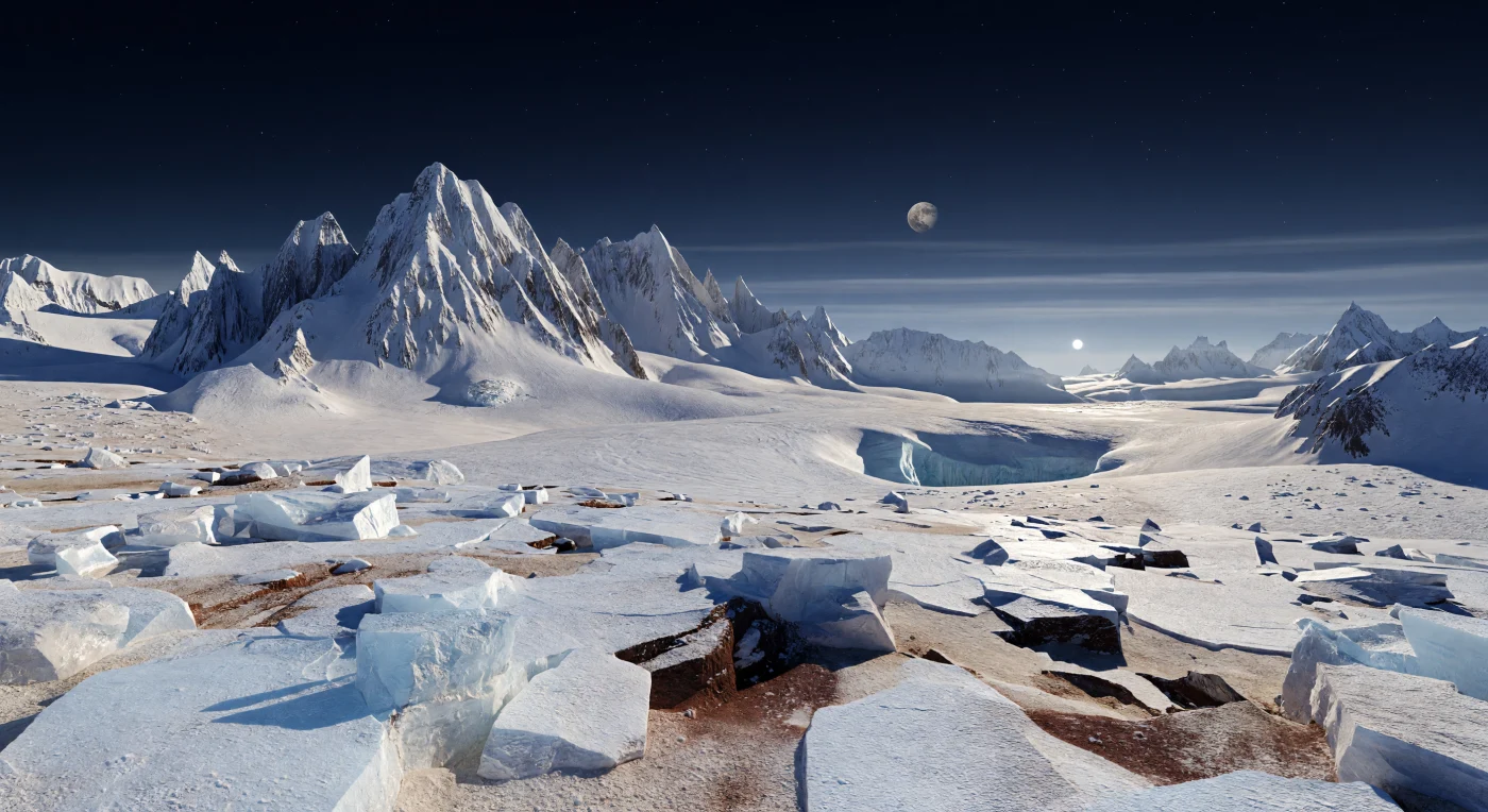 All’alba, le creste frastagliate dei Tenzing Montes si innalzano per oltre 6,2 chilometri come lame di ghiaccio d’acqua pietrificato, emergendo da un suolo spezzato di blocchi angolosi e detriti gelati spolverati di brina di metano e azoto nei toni del bianco, dell’azzurro pallido e del ciano. Tra le fratture si raccolgono particelle più scure e brunastre ricche di toline, residui organici prodotti dalla chimica atmosferica, mentre ai piedi delle montagne si distendono accumuli glaciali di ghiacci volatili che sfumano in pianure lisce e luminose, incise da fosse di sublimazione e da sottili motivi poligonali. Sopra questo paesaggio immobile, il cielo resta di un blu nerastro quasi nero: il Sole, minuscolo e abbagliante sull’orizzonte, proietta una luce fredda e radente che disegna ombre lunghissime e nette, mentre una tenue foschia stratificata di azoto colora appena l’orizzonte di blu e lascia ancora brillare alcune stelle. In questo gelo senza liquidi, dove il ghiaccio d’acqua è duro come roccia e la bassa gravità rende i rilievi insolitamente alti e taglienti, la scena appare vasta, silenziosa e profondamente aliena, come se ci si trovasse sul confine estremo del Sistema solare.