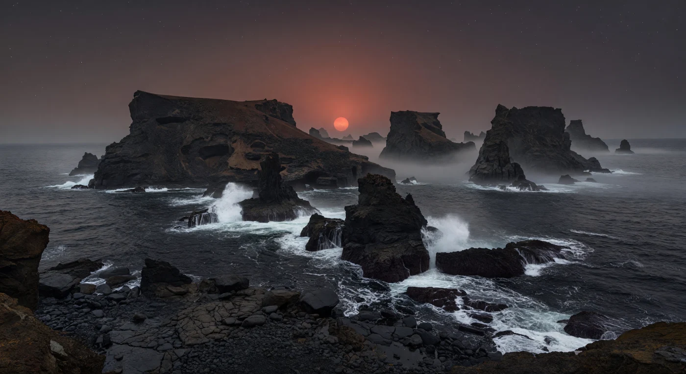 Davanti a te si estende una costa di basalto nero, lucida di spruzzi, dove lave a cuscino fratturate, ciottoli vetrosi e massi levigati dalla marea scendono verso un mare quasi d’inchiostro, agitato da onde corte e ripide. Dalle acque fredde emergono faraglioni e isole vulcaniche molto più grandi, con falesie erose dal moto ondoso, pendii di detrito scoriaceo, tubi di lava collassati e pareti colonnari che rivelano una storia di vulcanismo mafico dominato da basalti scuri e rapidi raffreddamenti in ambiente marino. La luce arriva radente da una nana rossa ferma sull’orizzonte, un disco arancio-rossastro che tinge schiuma, nebbia e roccia di rame spento, mentre il cielo passa in pochi gradi dal rosso fumoso del lato diurno al violetto cinereo e infine a una notte già punteggiata di stelle: il segno di un mondo in rotazione sincrona, dove la fascia del terminatore può mantenere freddo, foschia persistente e forti contrasti climatici. In questa penombra eterna, con torri di roccia alte centinaia di metri che svaniscono nella foschia e il fragore bianco dei frangenti ai loro piedi, il paesaggio appare immenso, severo e profondamente alieno.